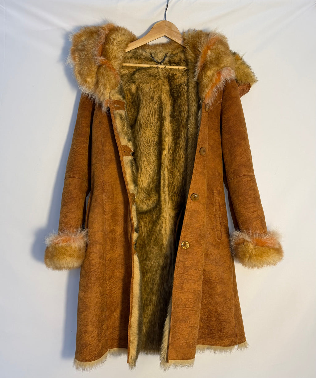 70s Caramel Faux Fur Slouch Hood Coat