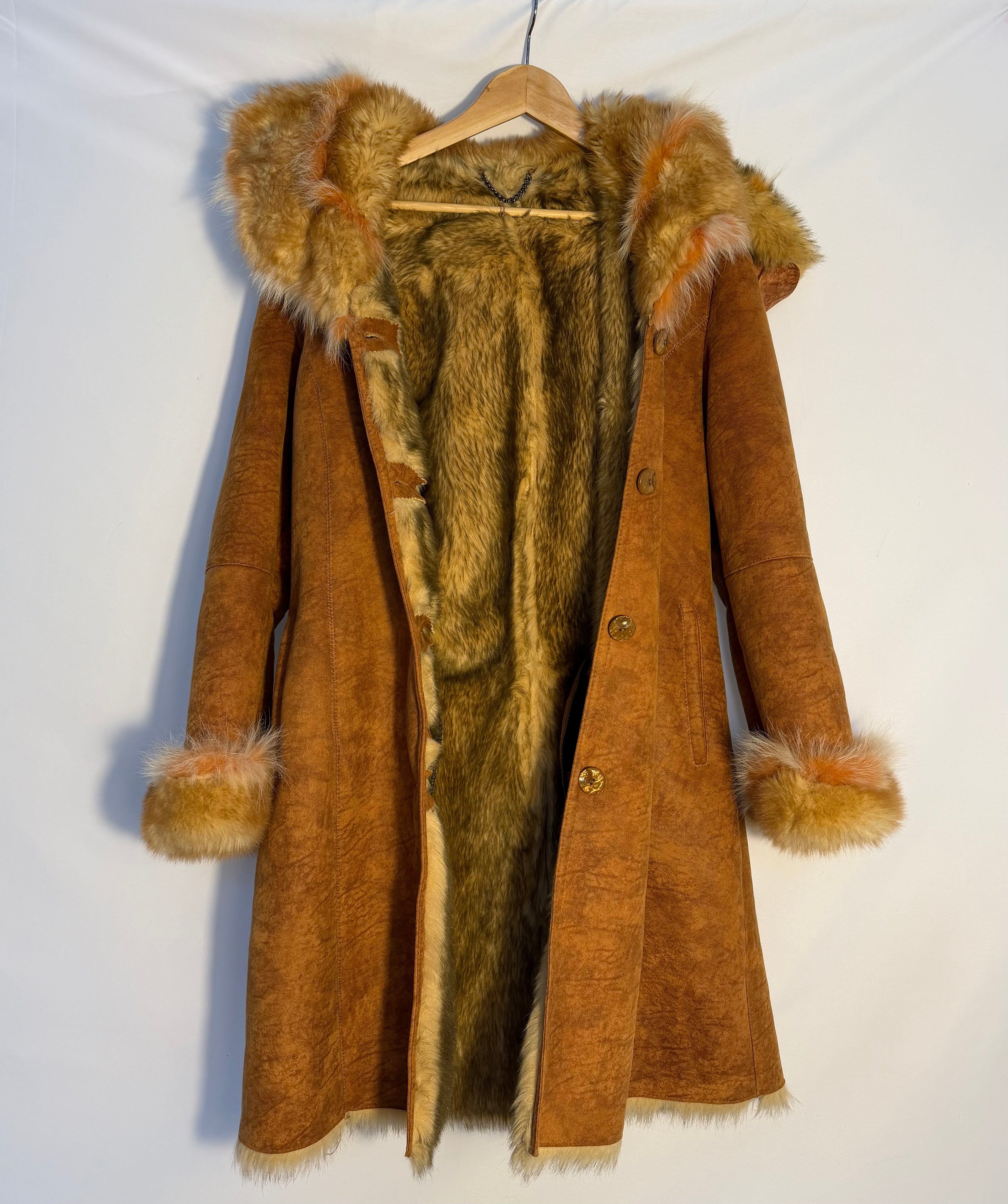 70s Caramel Faux Fur Slouch Hood Coat