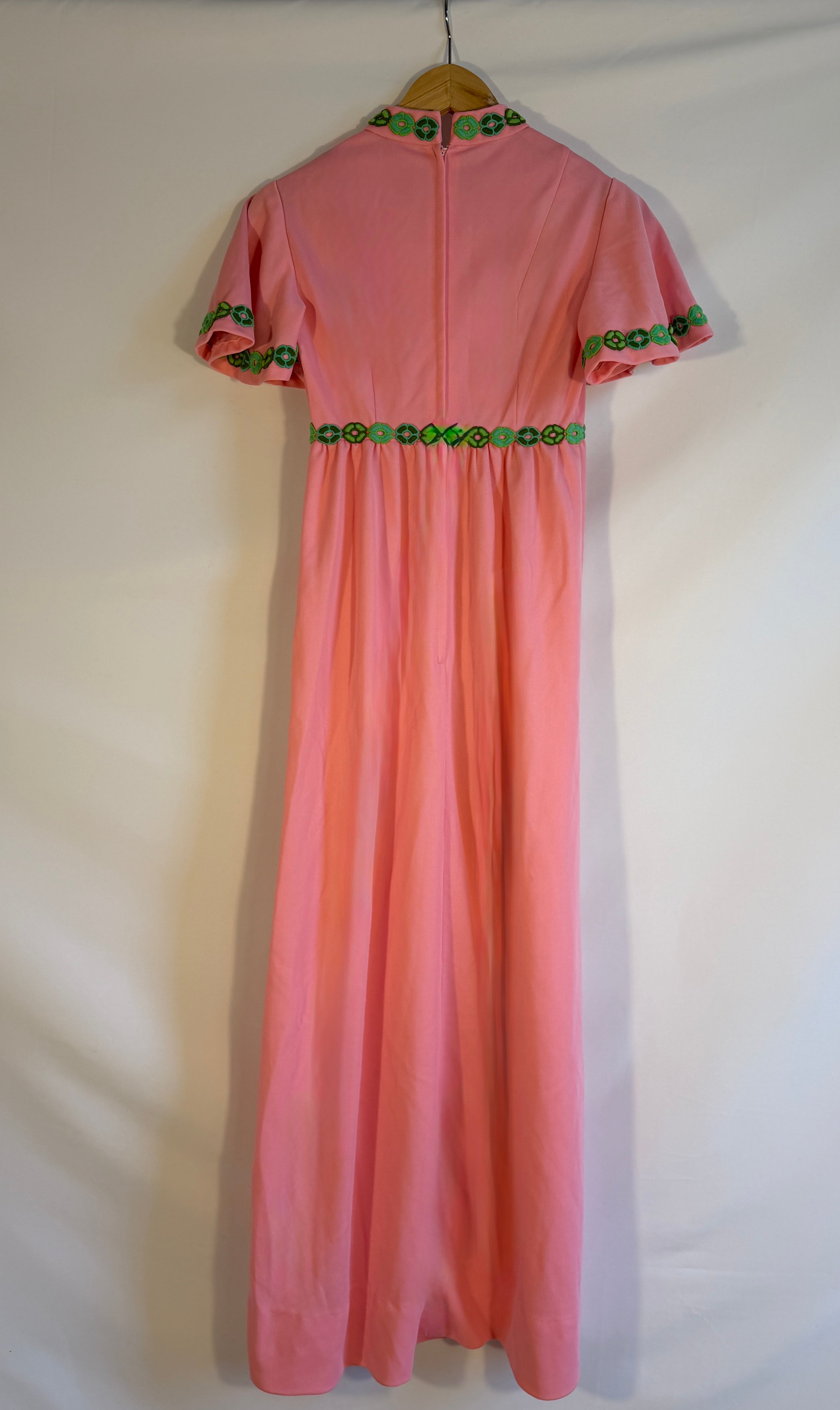 Vintage Coral Mod Maxi Dress with Green Embroidery Trim