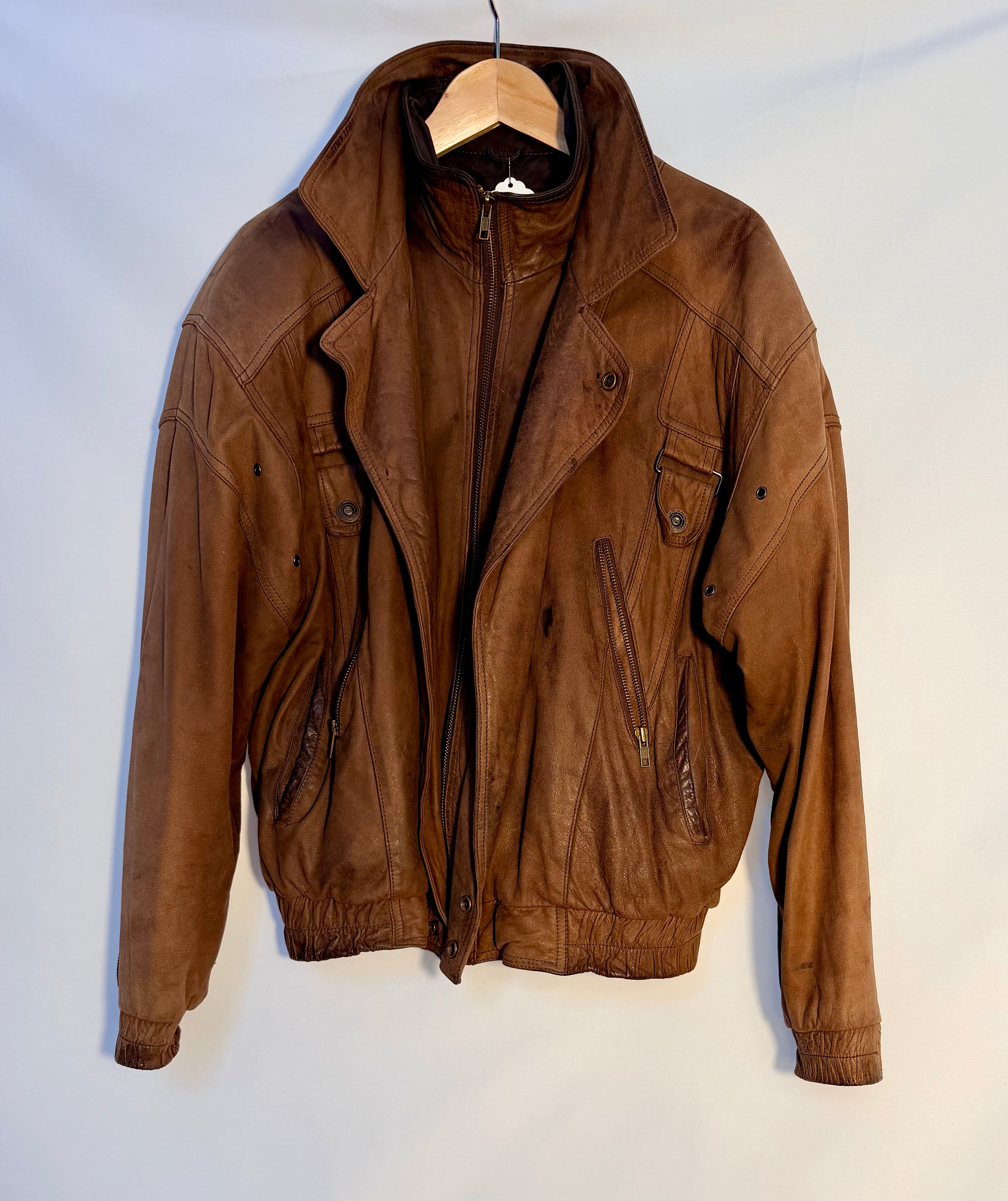 Vintage Brown Leather Bomber Jacket