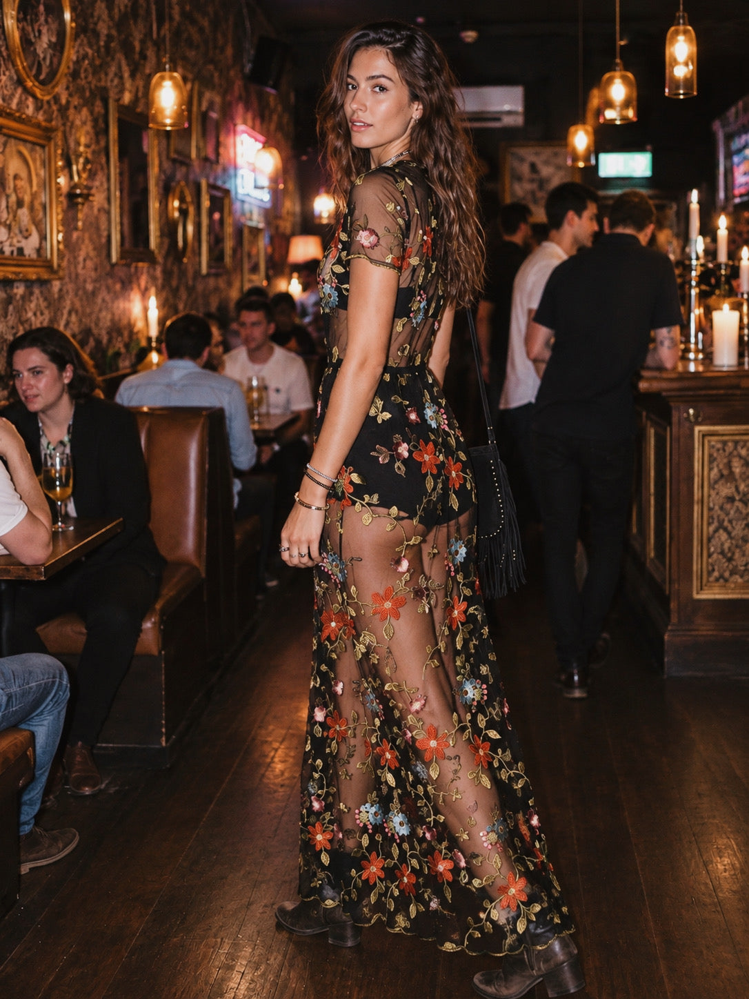 Black Sheer Hand-Embroidered Floral Maxi Dress