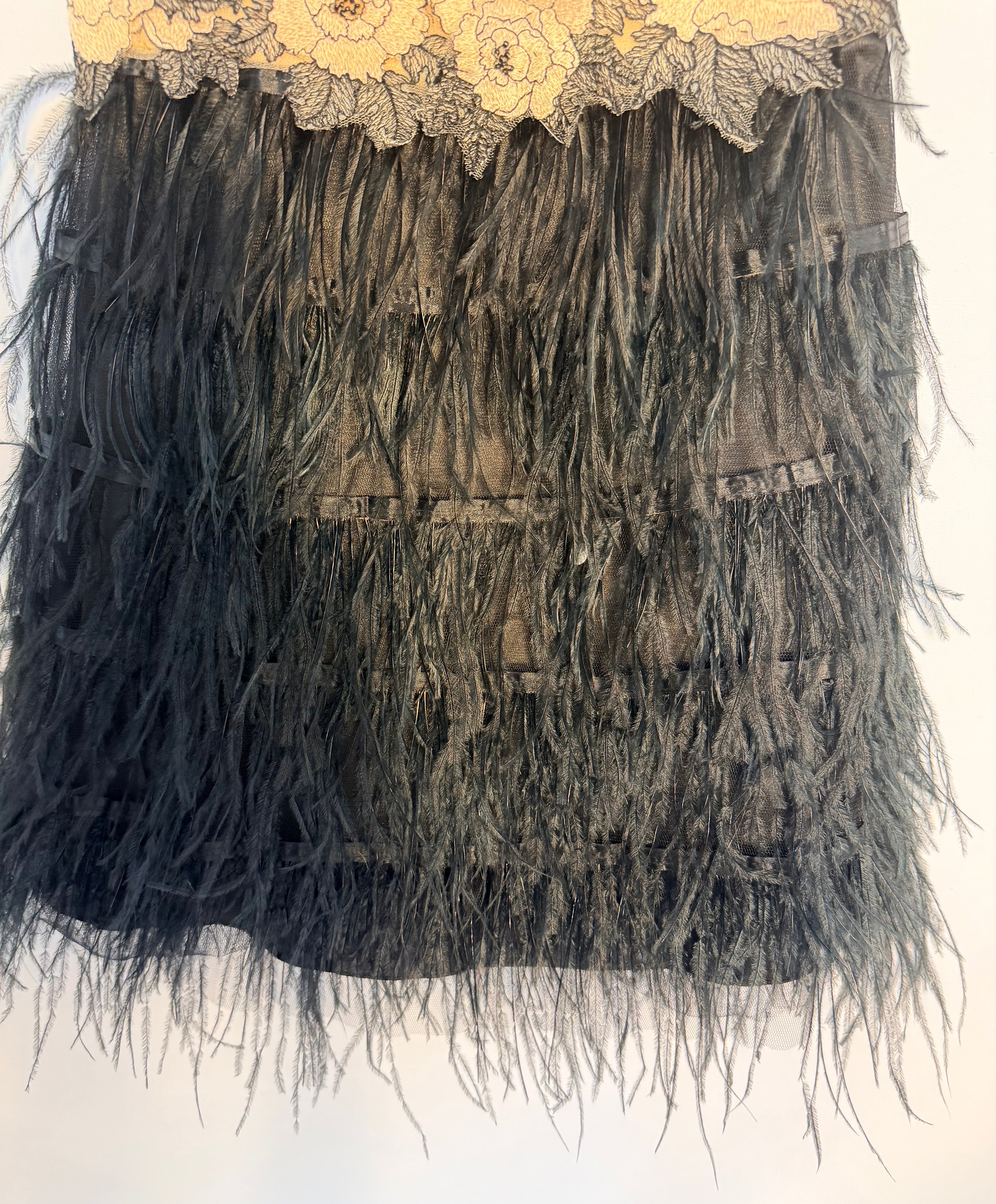 Terani Couture One-Shoulder Lace & Feather Mini Dress