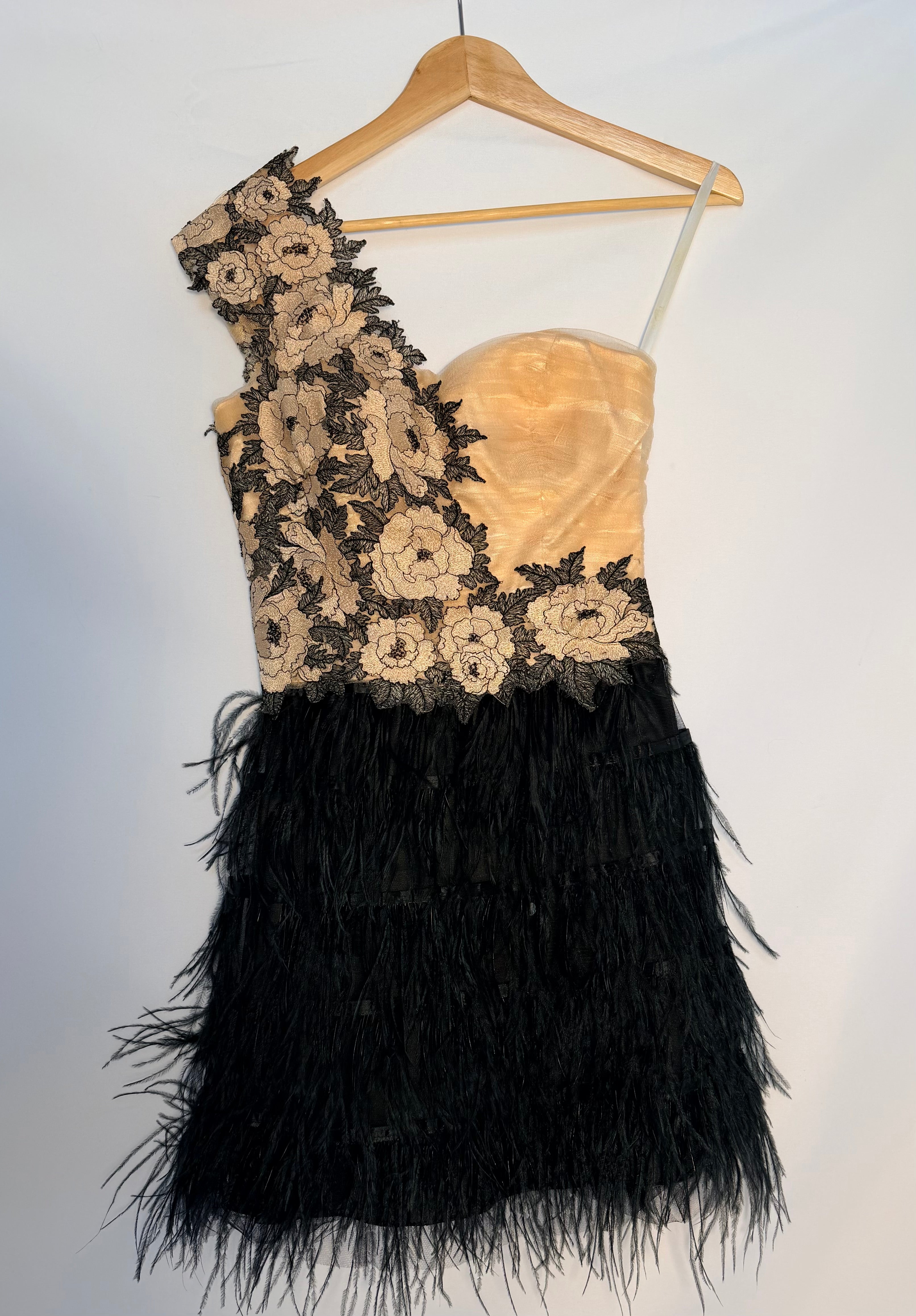 Terani Couture One-Shoulder Lace & Feather Mini Dress