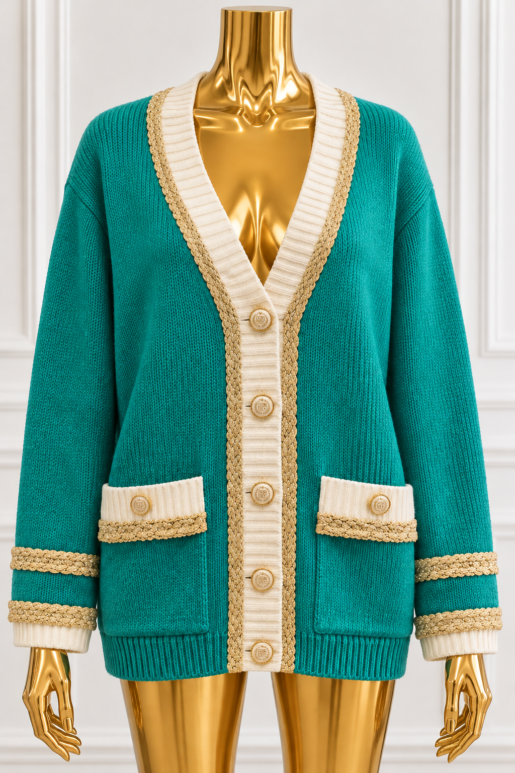 Turquoise Knit Cardigan with Gold Braid Trim & Statement Buttons