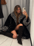 Black Faux Fur Coat with Grey Textured Collar & Cuffs