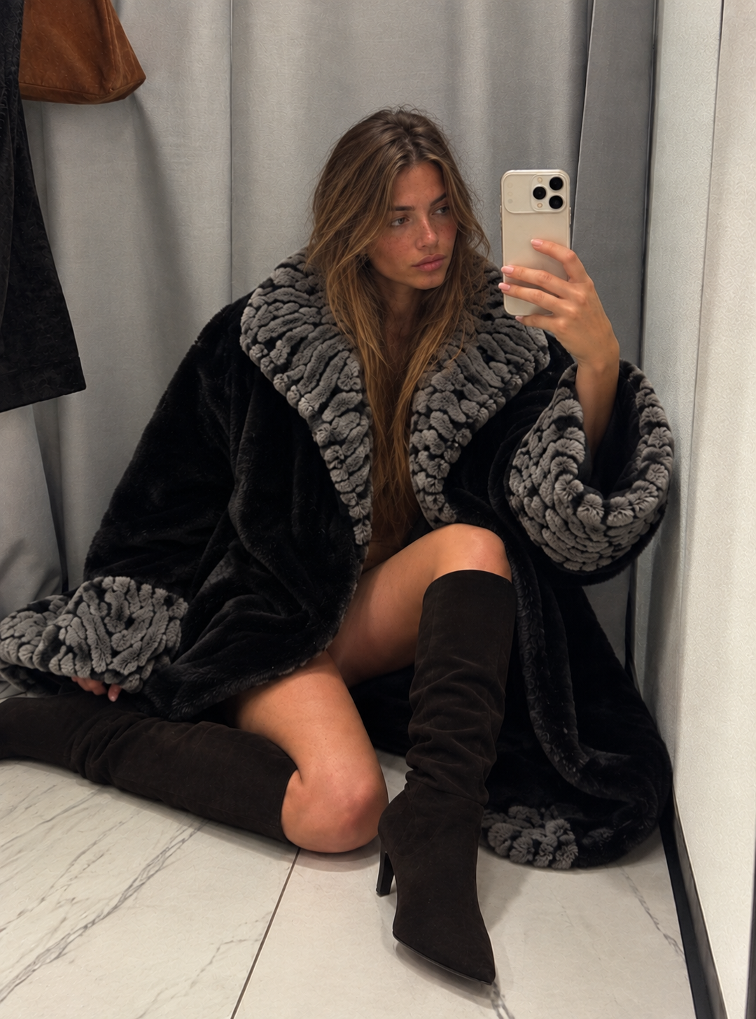 Black Faux Fur Coat with Grey Textured Collar & Cuffs