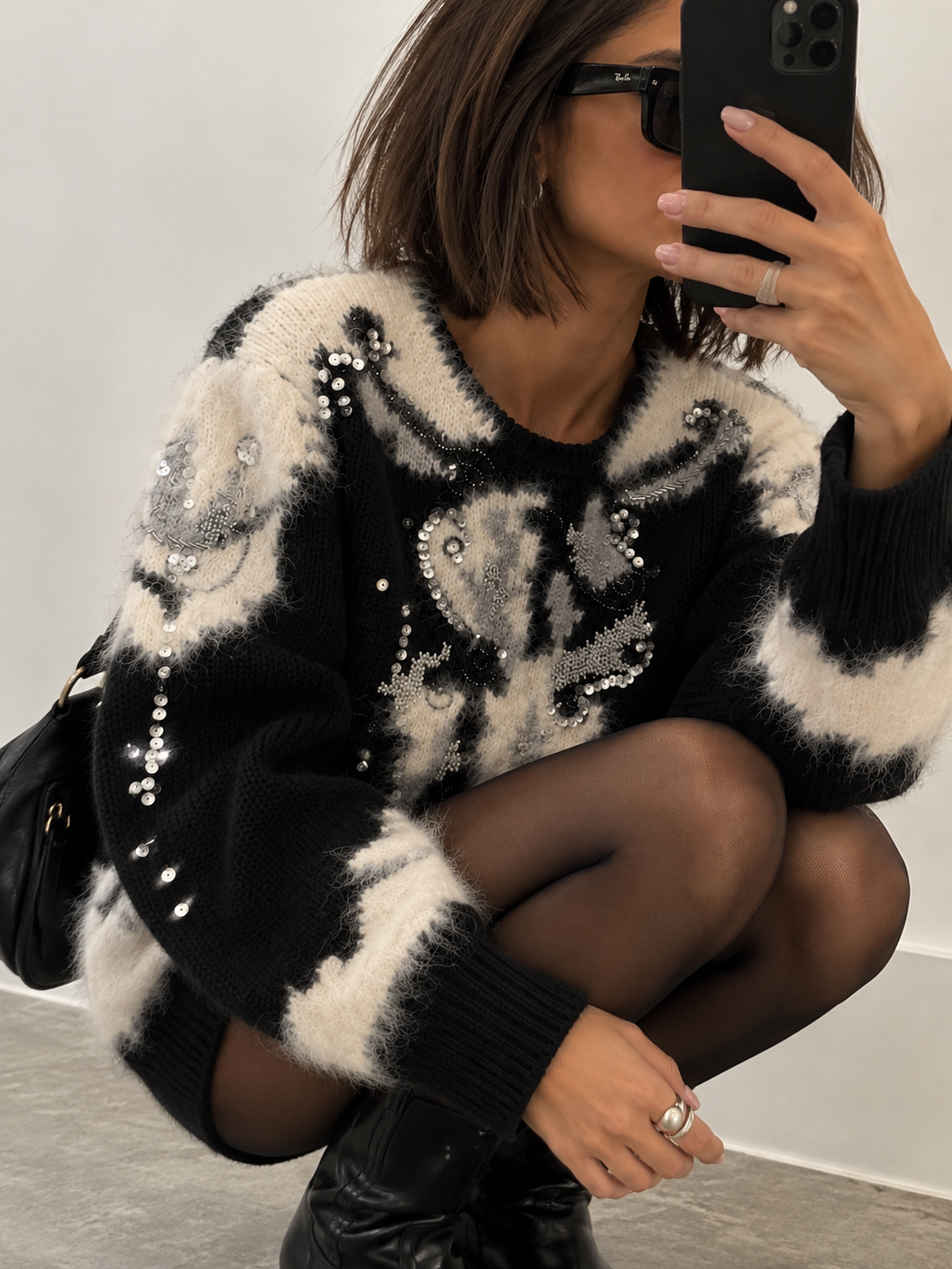 Vintage Black & White Embellished Mohair Sweater with Sequin Detailing