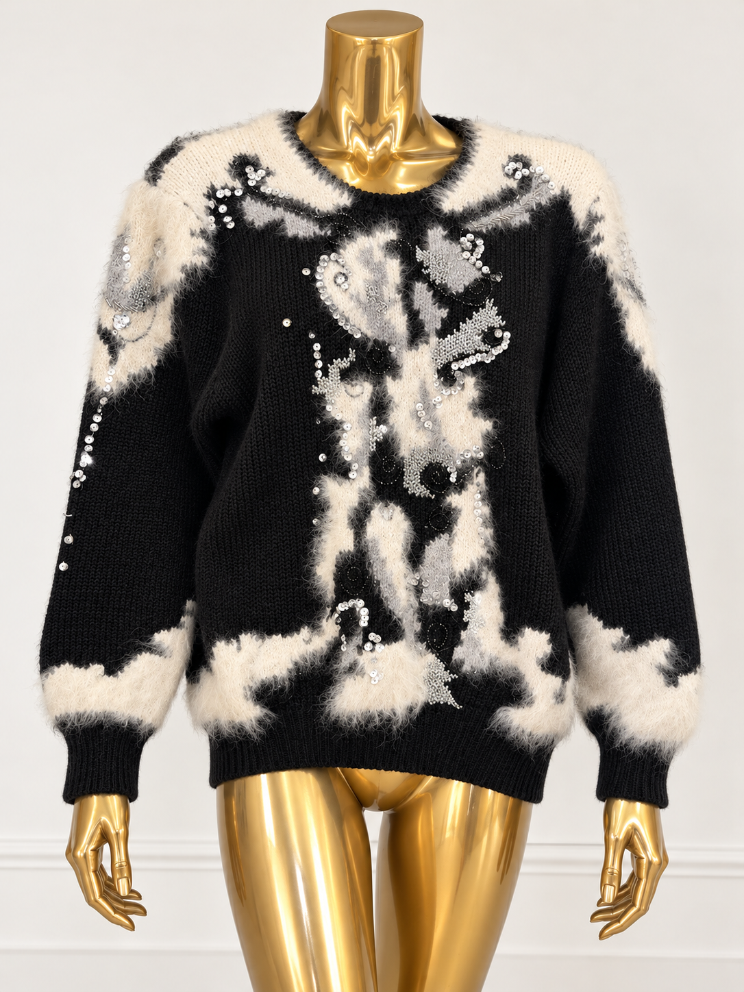 Vintage Black & White Embellished Mohair Sweater with Sequin Detailing