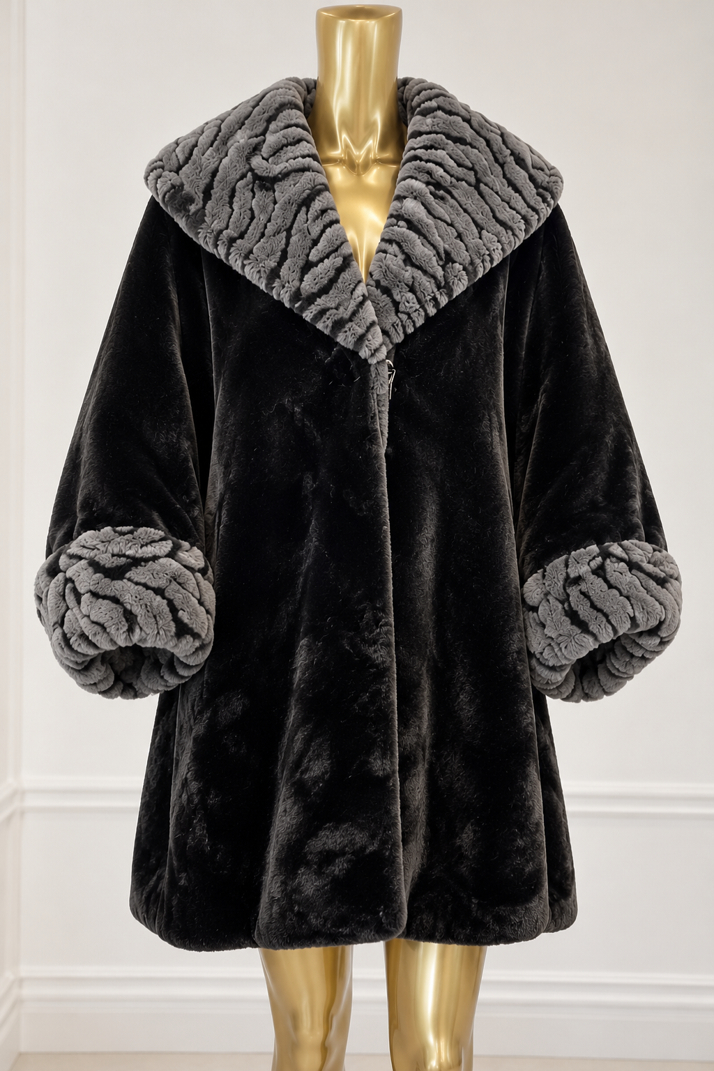 Black Faux Fur Coat with Grey Textured Collar & Cuffs