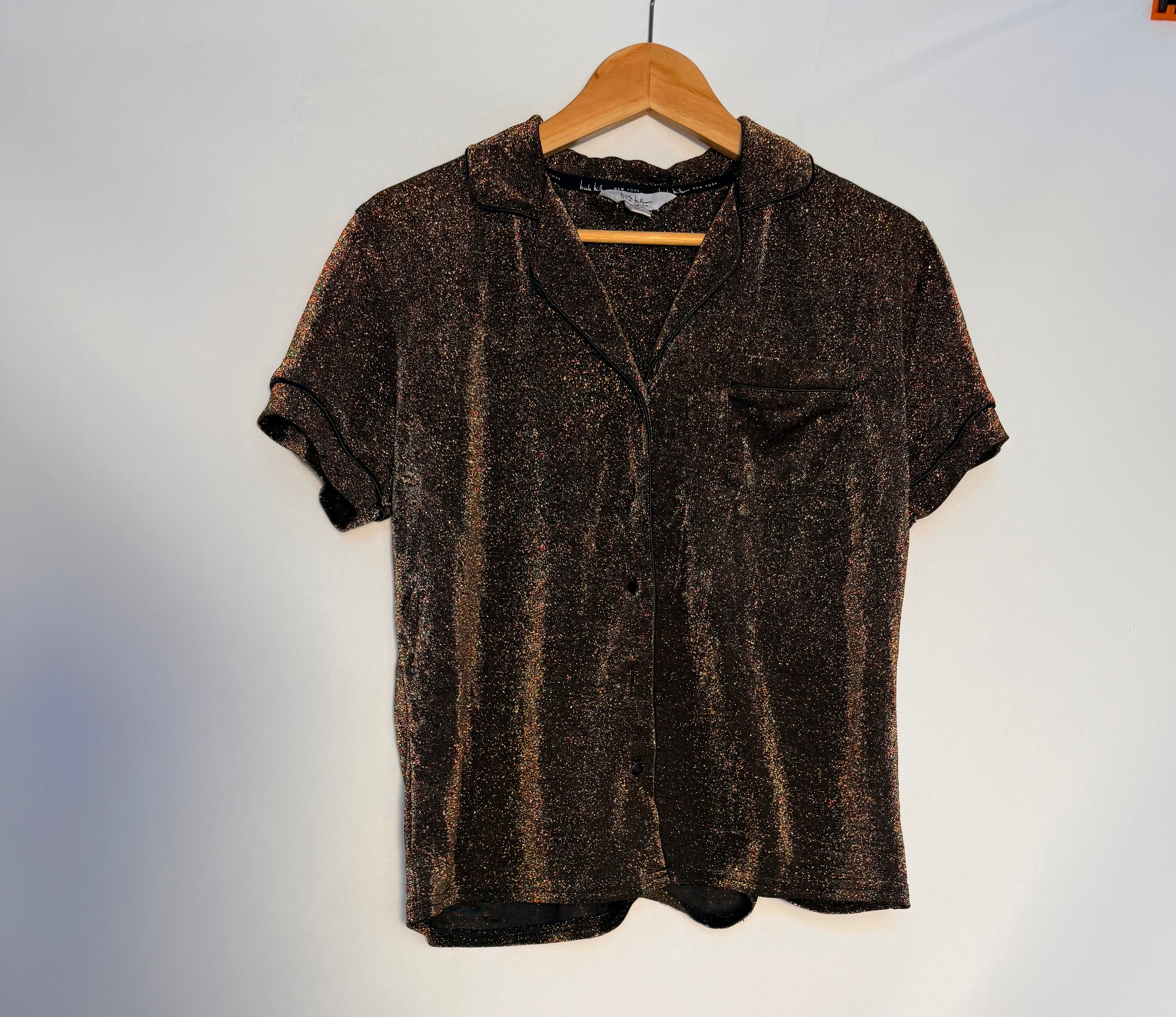 Nicole Miller New York Shimmer Button-Up Top – Black/Gold – Medium