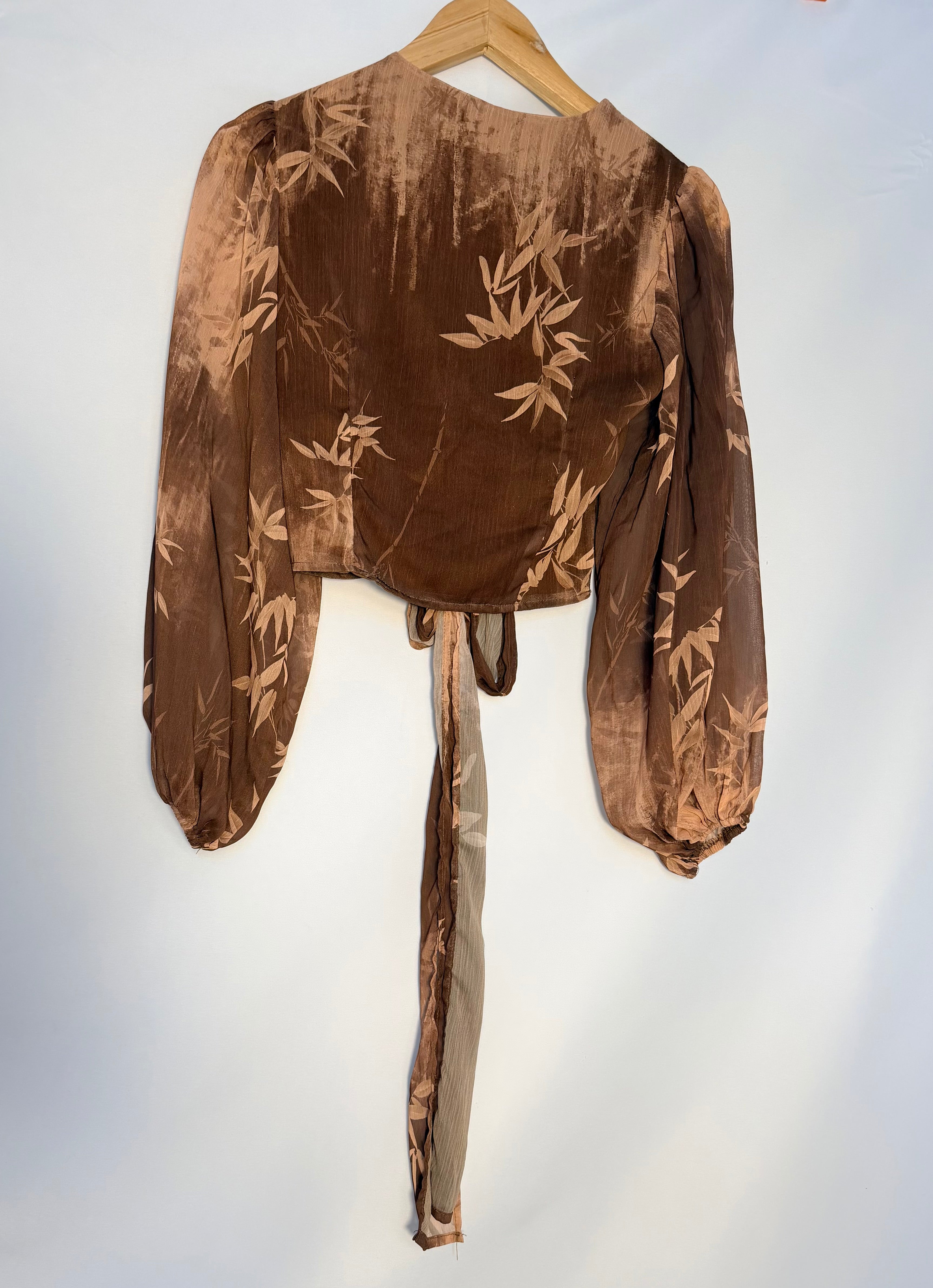 Vintage Sheer Tie-Front Boho Blouse – Chocolate Brown – Small