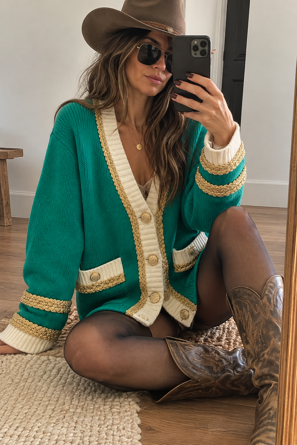 Turquoise Knit Cardigan with Gold Braid Trim & Statement Buttons