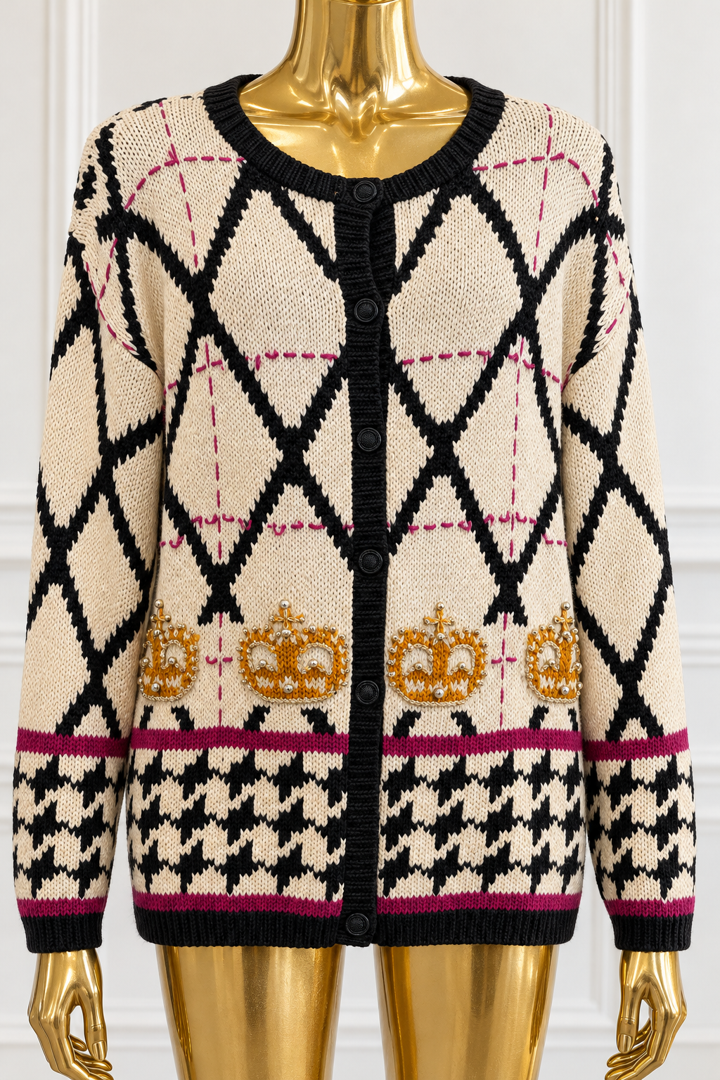 Casual Corner Hand-Knitted Argyle Cardigan