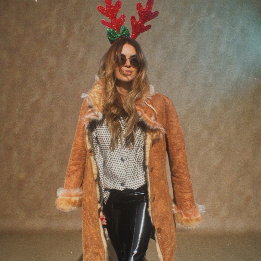 70s Caramel Faux Fur Slouch Hood Coat