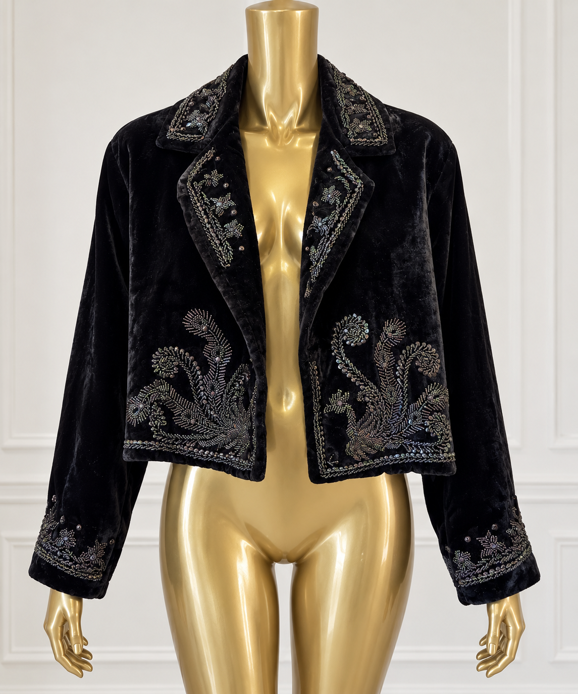 Vintage Black Velvet Beaded Cropped Jacket