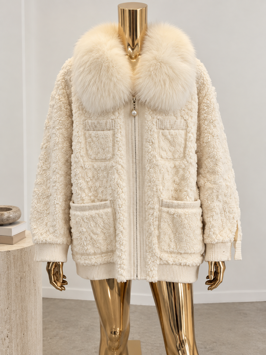 Ivory Textured Jacket with Rabbit Fur Collar