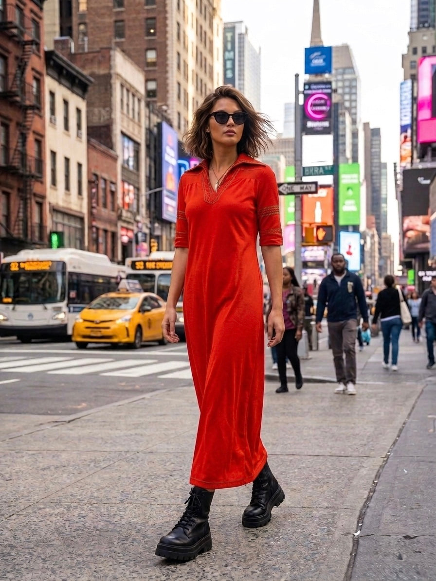 Vintage Crimson Maxi Caftan Dress