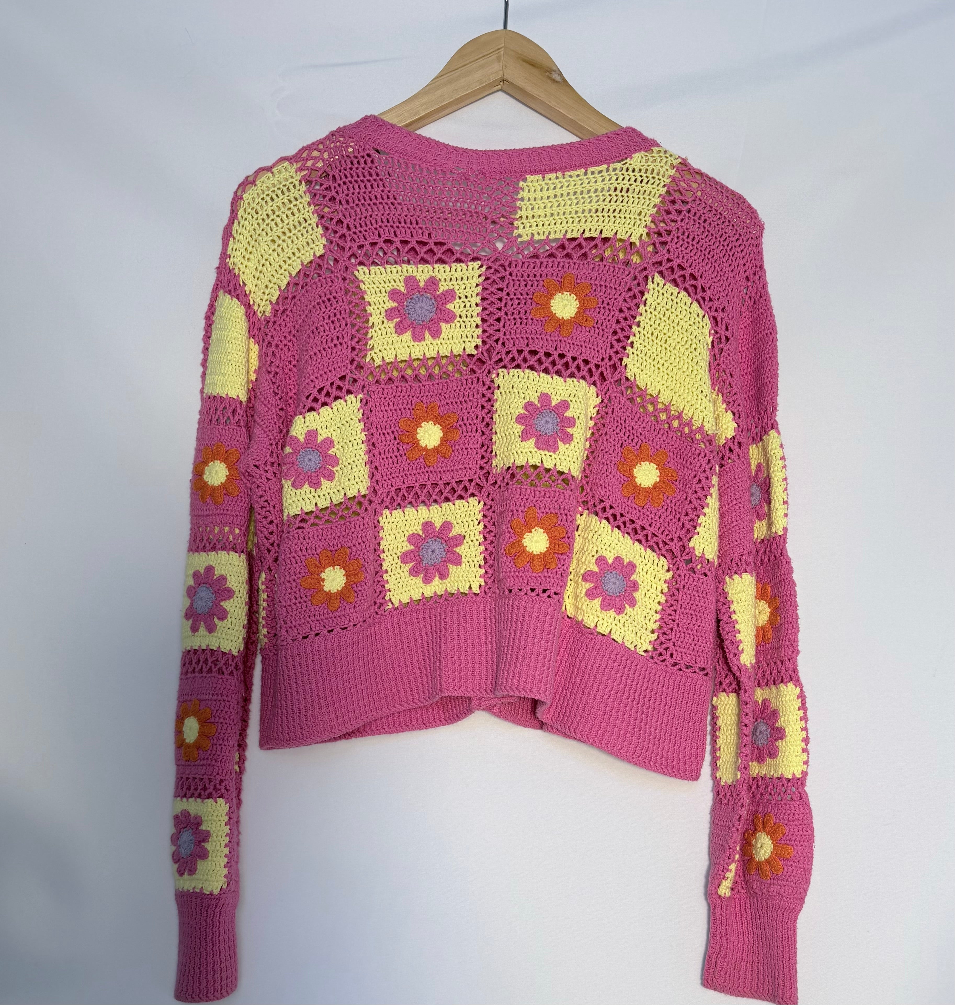 Hand-Crochet Flower Power Cardigan Pink/Yellow – Small/Medium