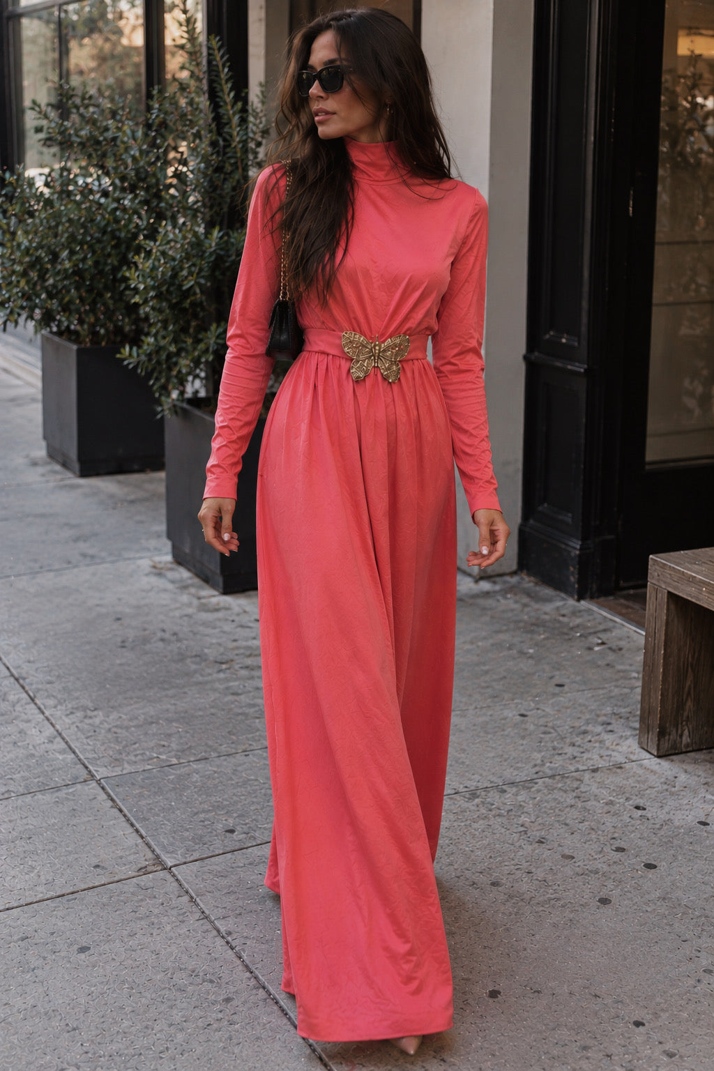 Vintage Pink Maxi Dress with Crystal Butterfly Brooch