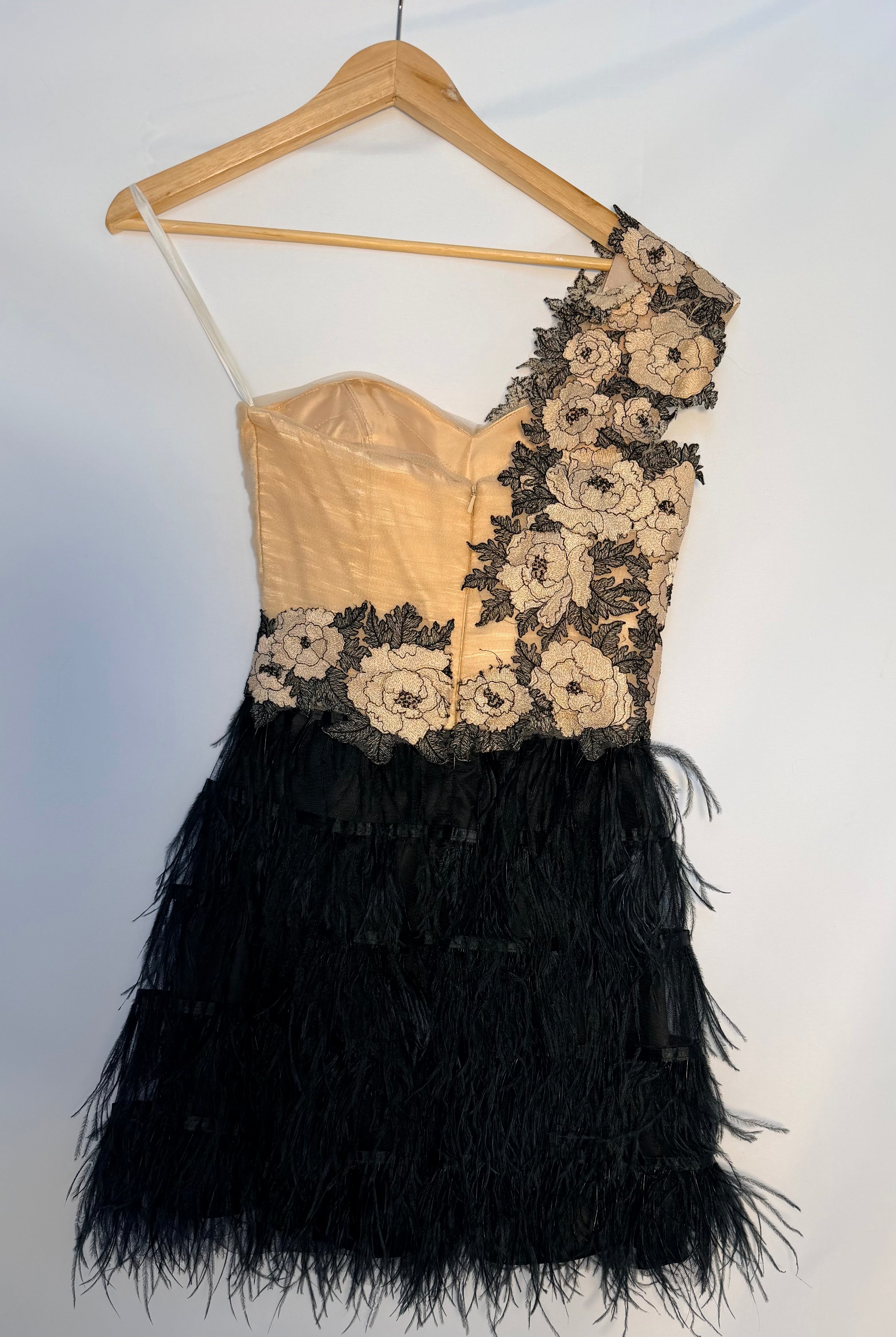 Terani Couture One-Shoulder Lace & Feather Mini Dress