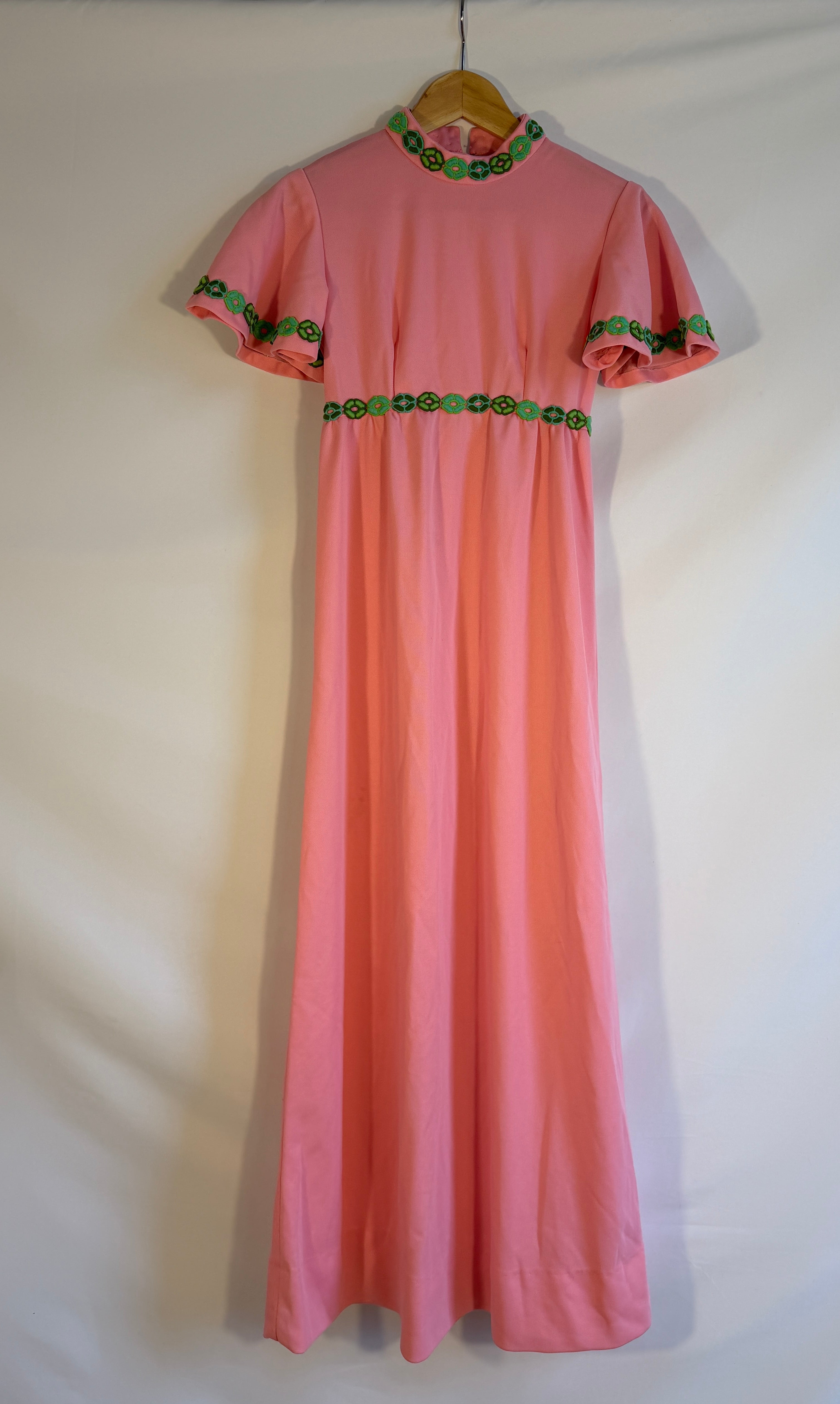 Vintage Coral Mod Maxi Dress with Green Embroidery Trim