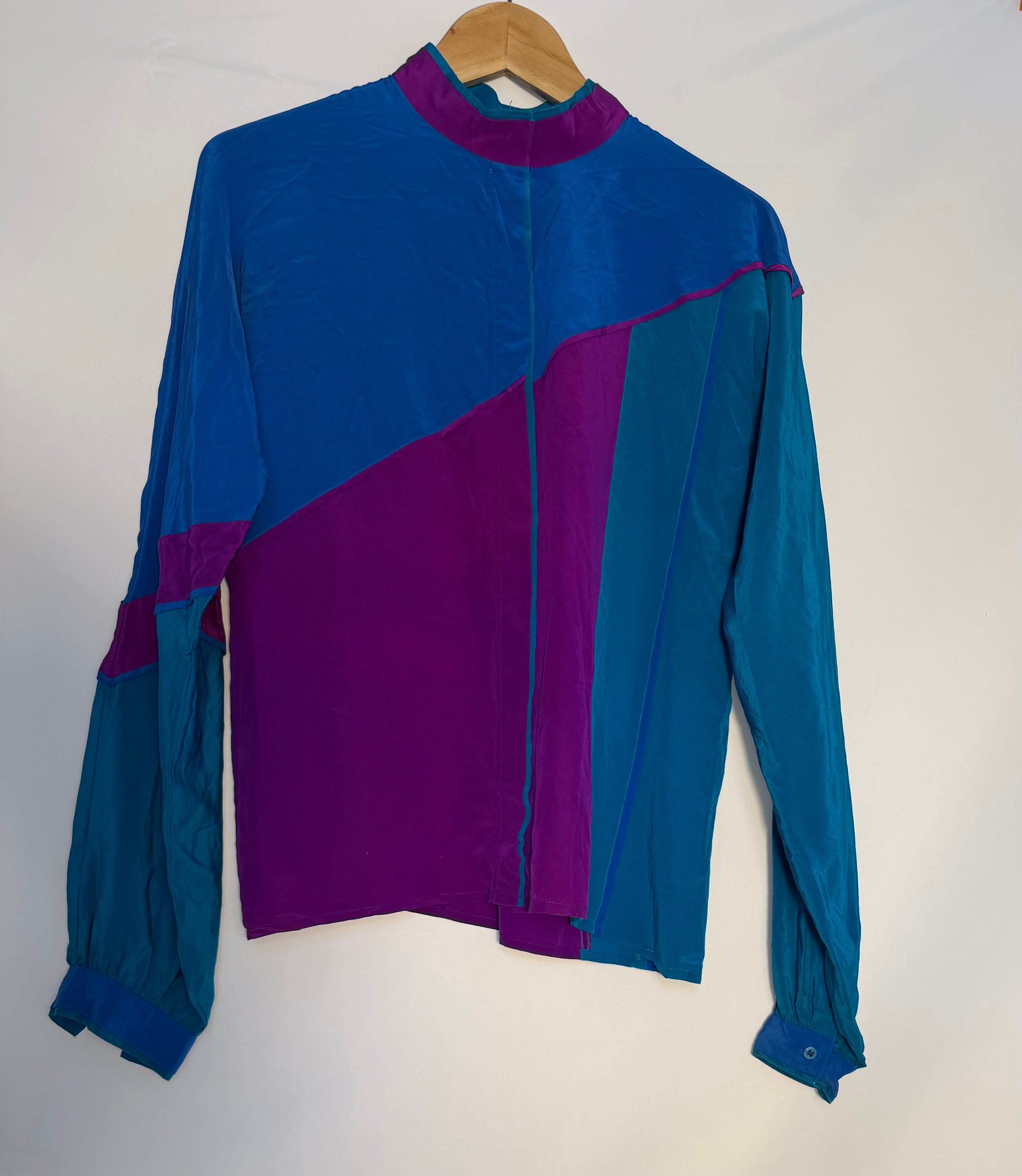Vintage Silk Colour-Block Blouse – Teal & Purple – Small/Medium