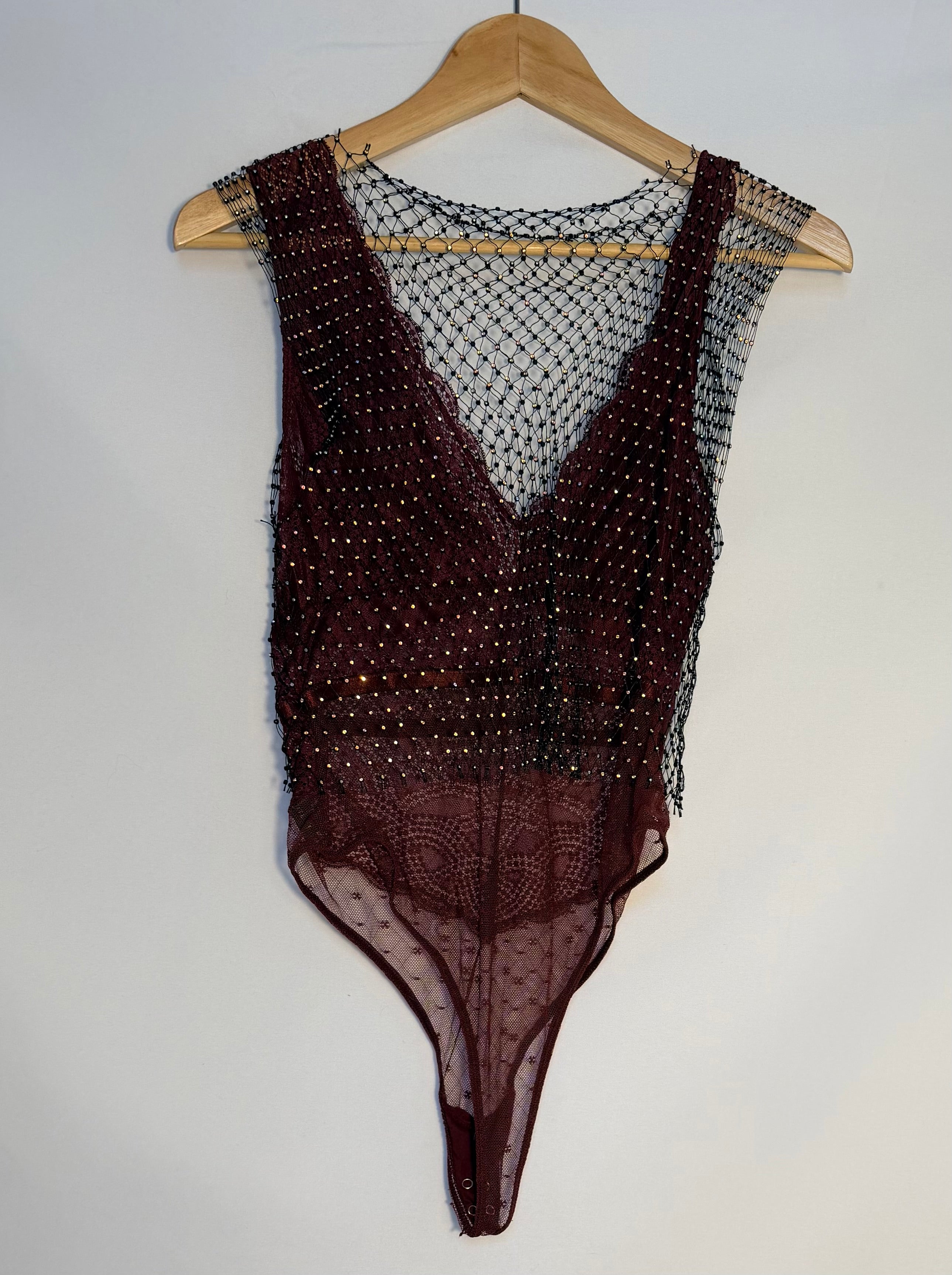 Burgundy Lace & Beaded Mesh Bodysuit Set