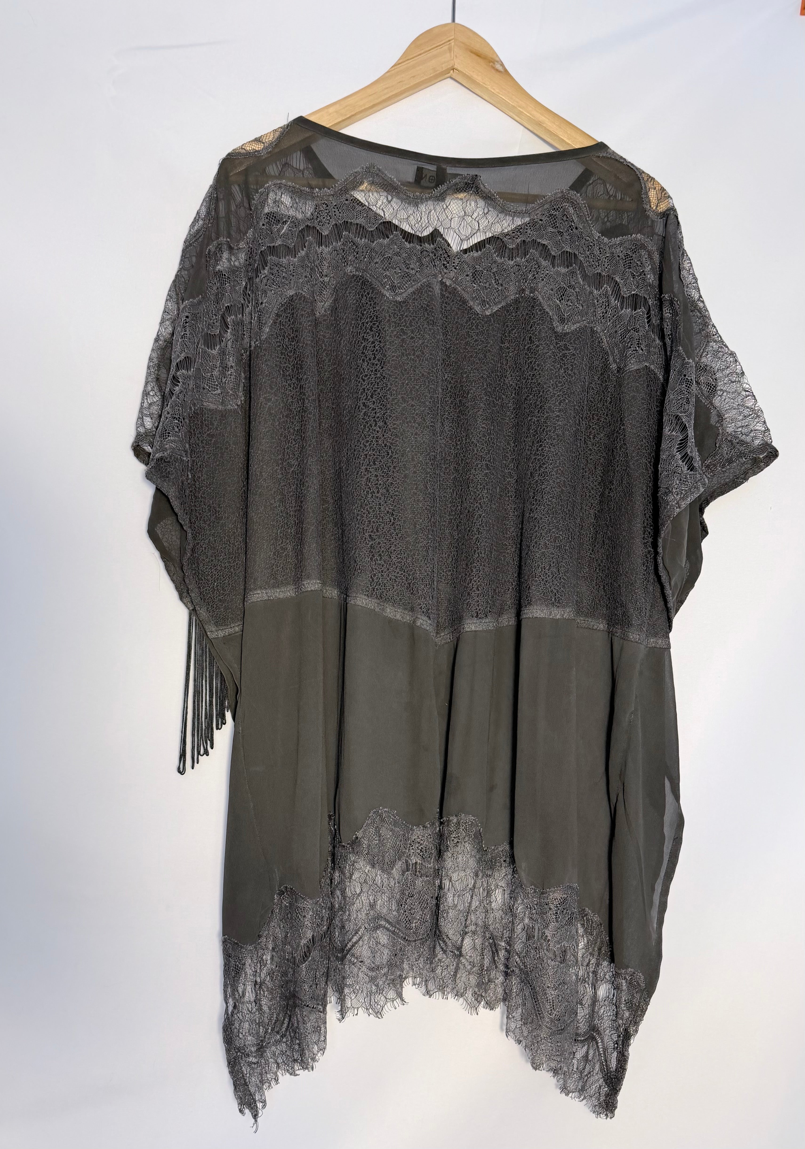 Religion Lace & Fringe Sheer Tunic – Charcoal – One Size