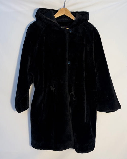 Black Teddy Coat with Hood & Drawstring Waist
