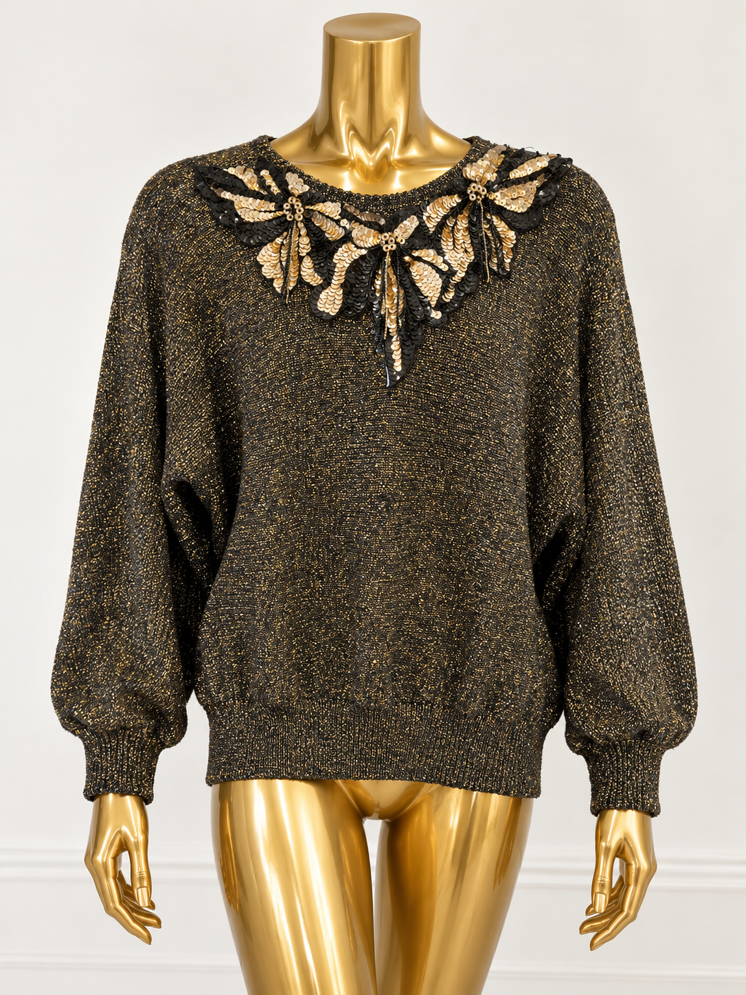Black & Gold Metallic Knit Sweater with Embellished Floral Neckline
