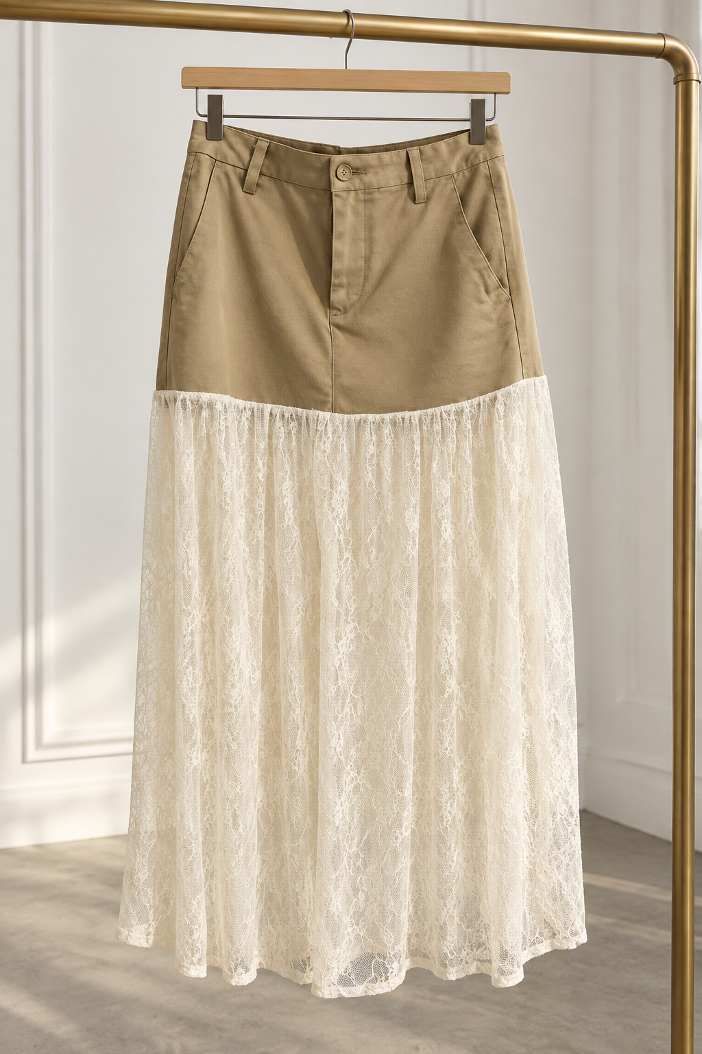 Reworked Dockers Khaki & Sheer Lace Maxi Skirt