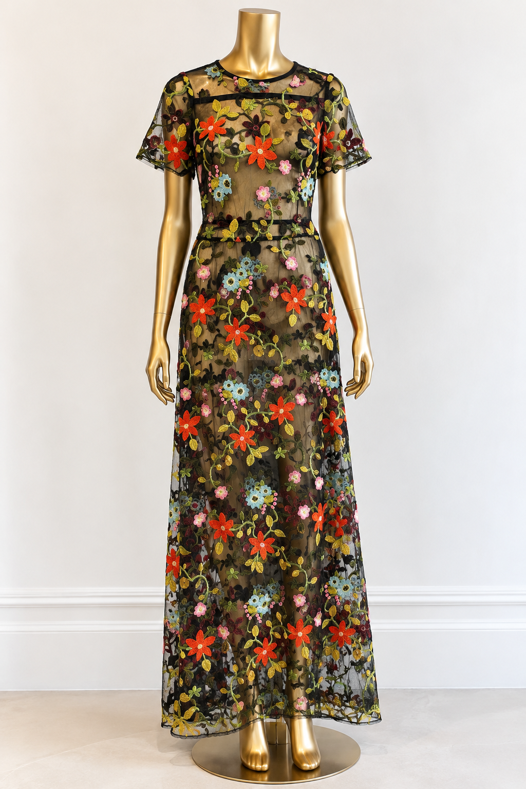 Black Sheer Hand-Embroidered Floral Maxi Dress