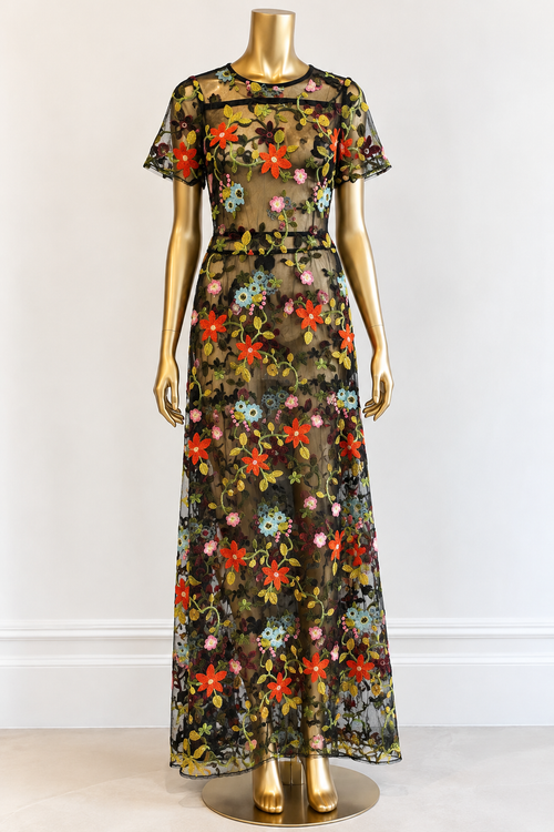 Black Sheer Hand-Embroidered Floral Maxi Dress