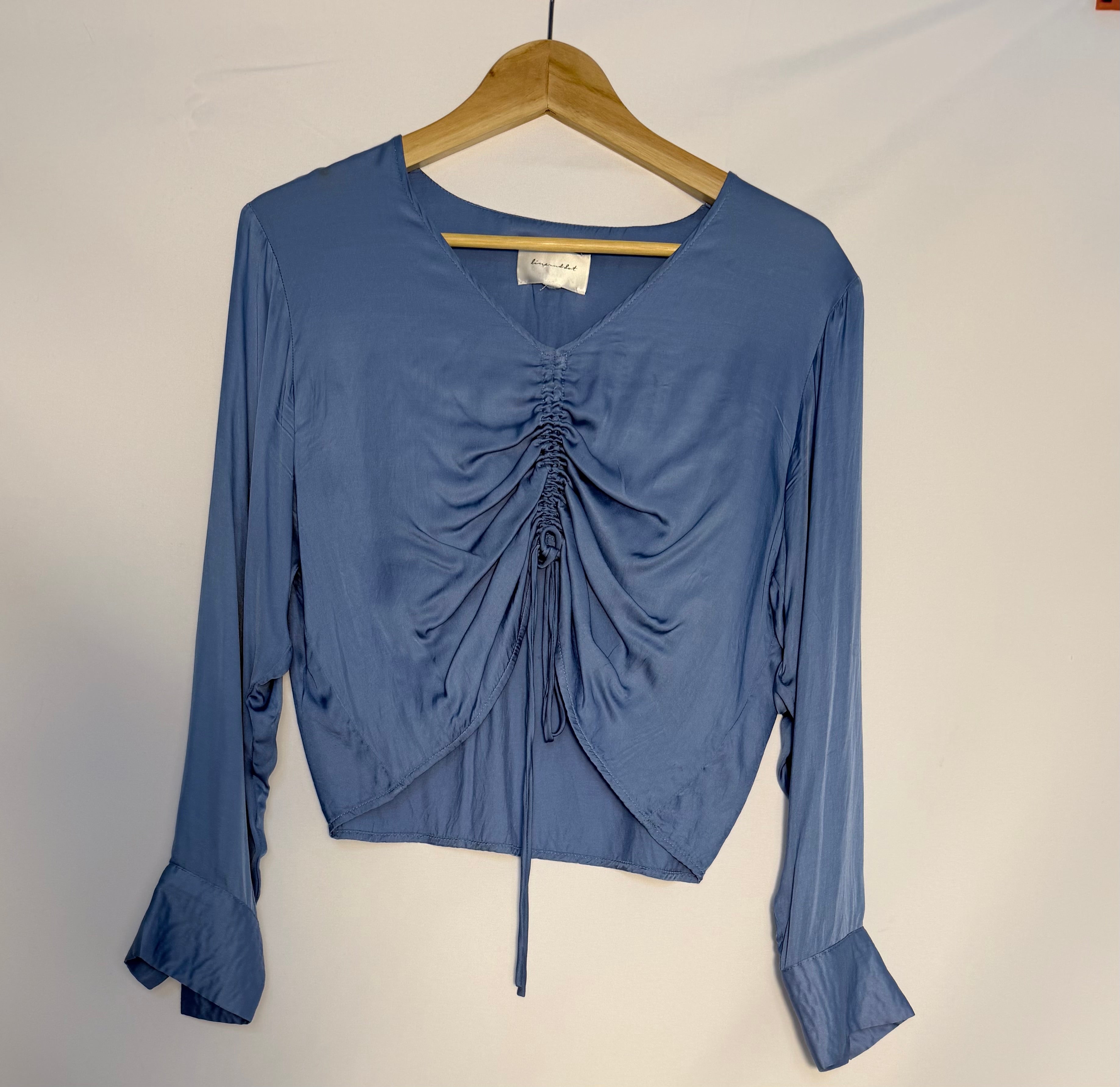 Blue Ruched Tie-Front Blouse