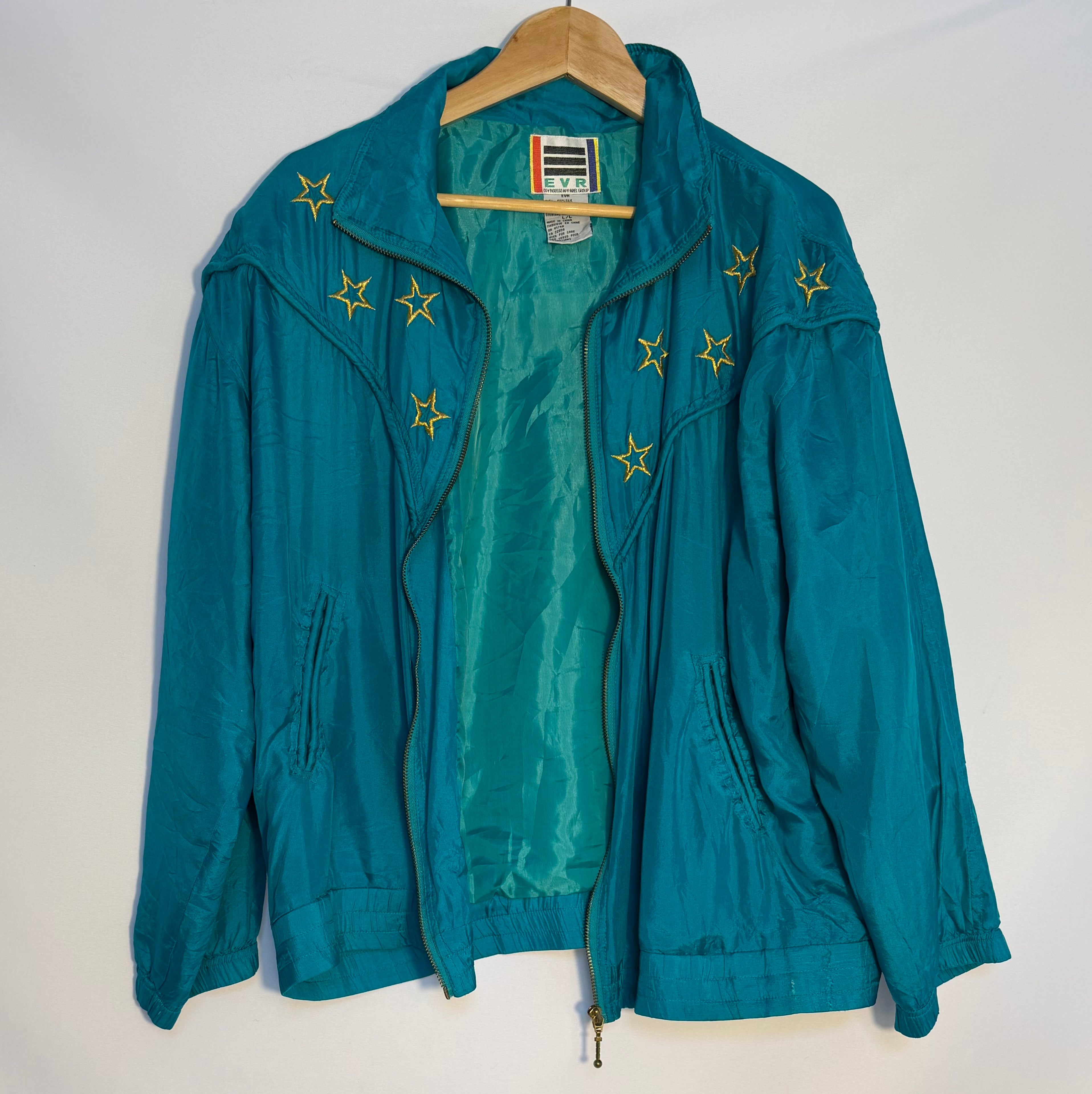 Vintage Teal Star-Embroidered Windbreaker Jacket