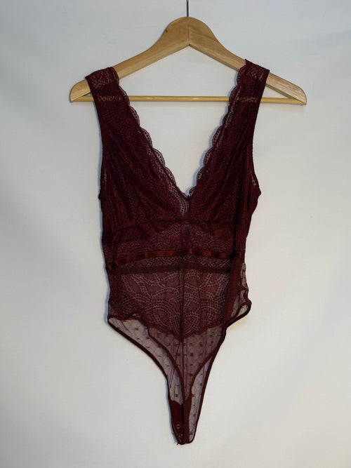 Burgundy Lace & Beaded Mesh Bodysuit Set