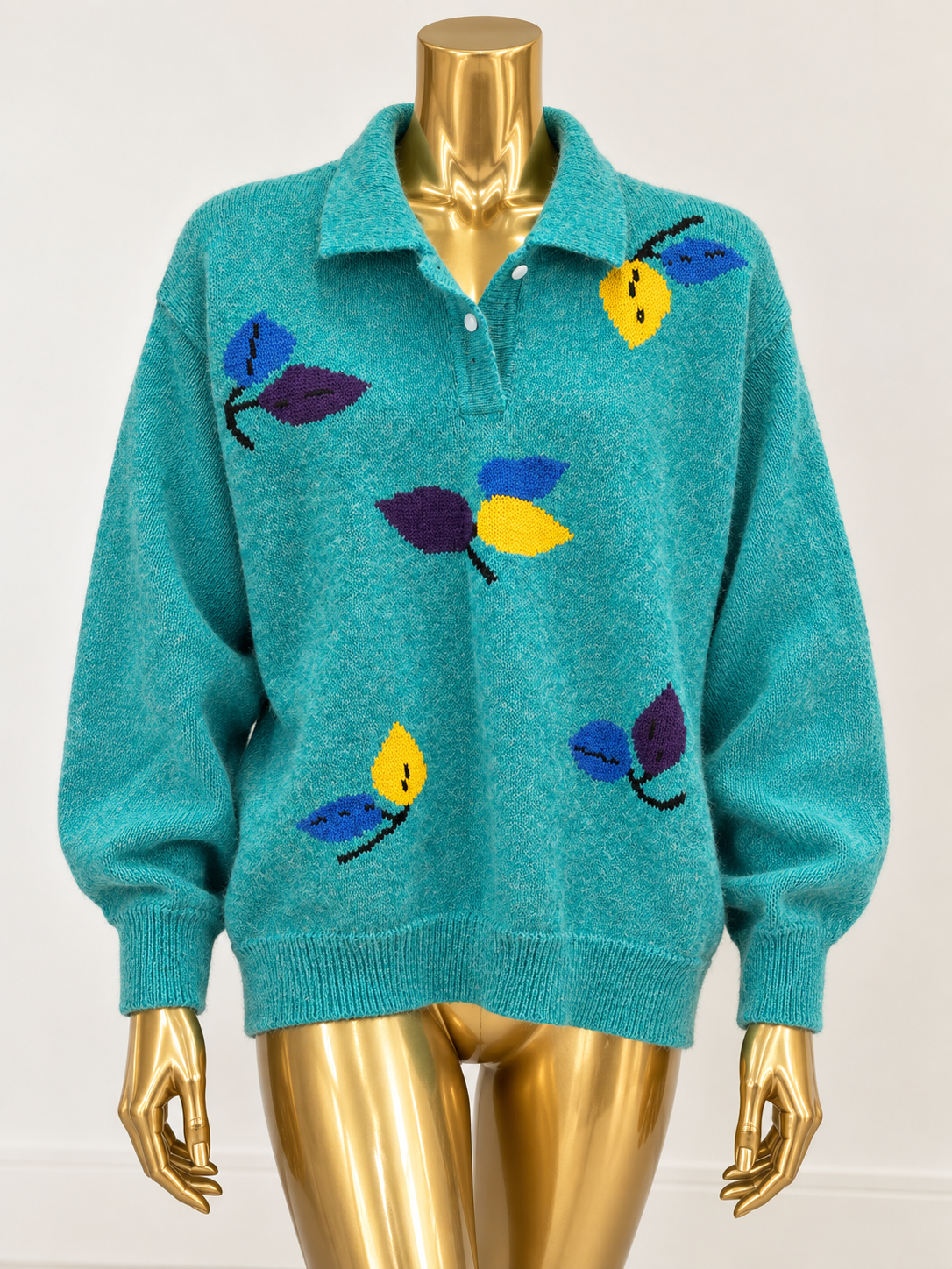 Vintage Turquoise Floral Knit Polo Sweater