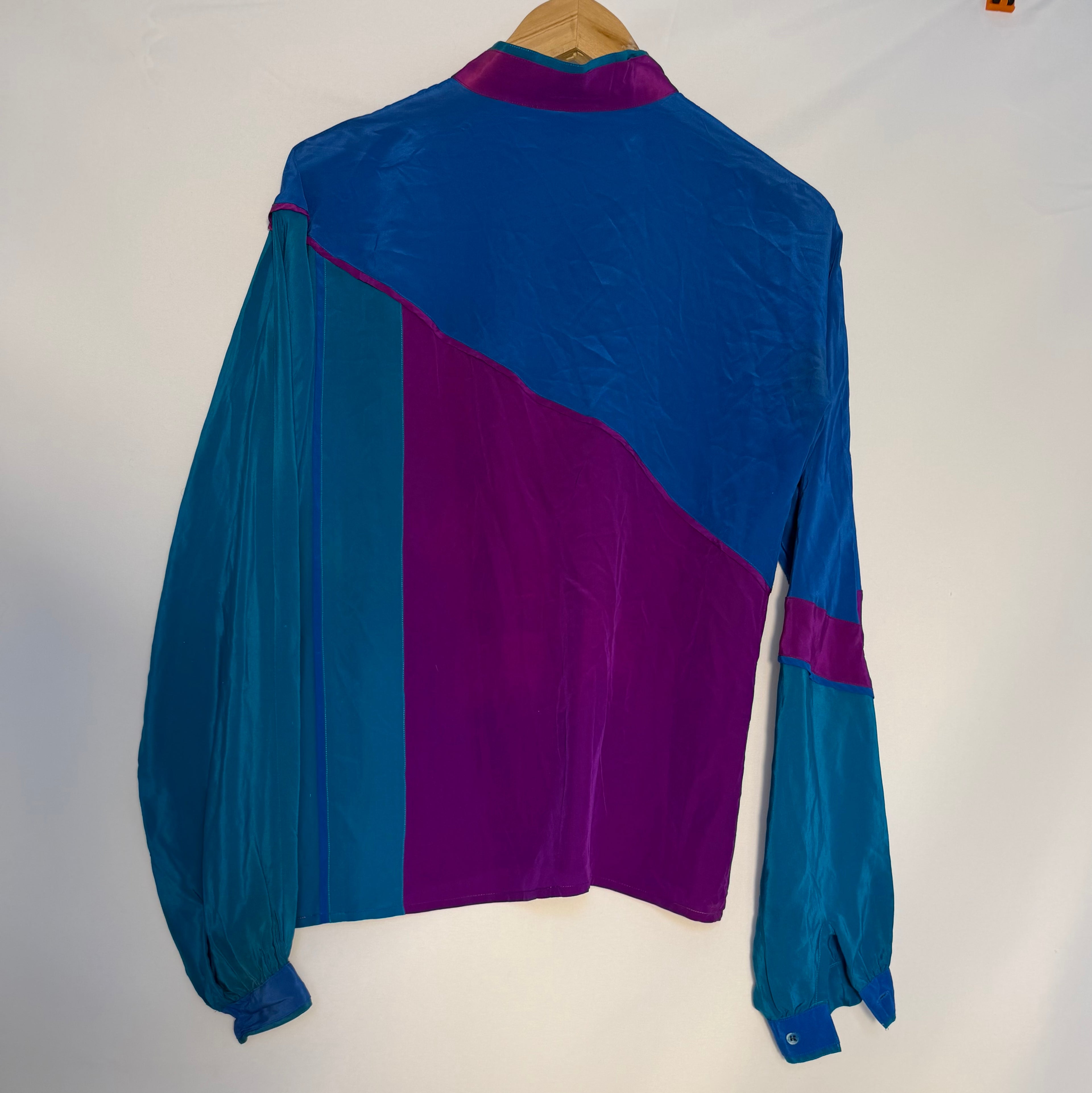Vintage Silk Colour-Block Blouse – Teal & Purple – Small/Medium