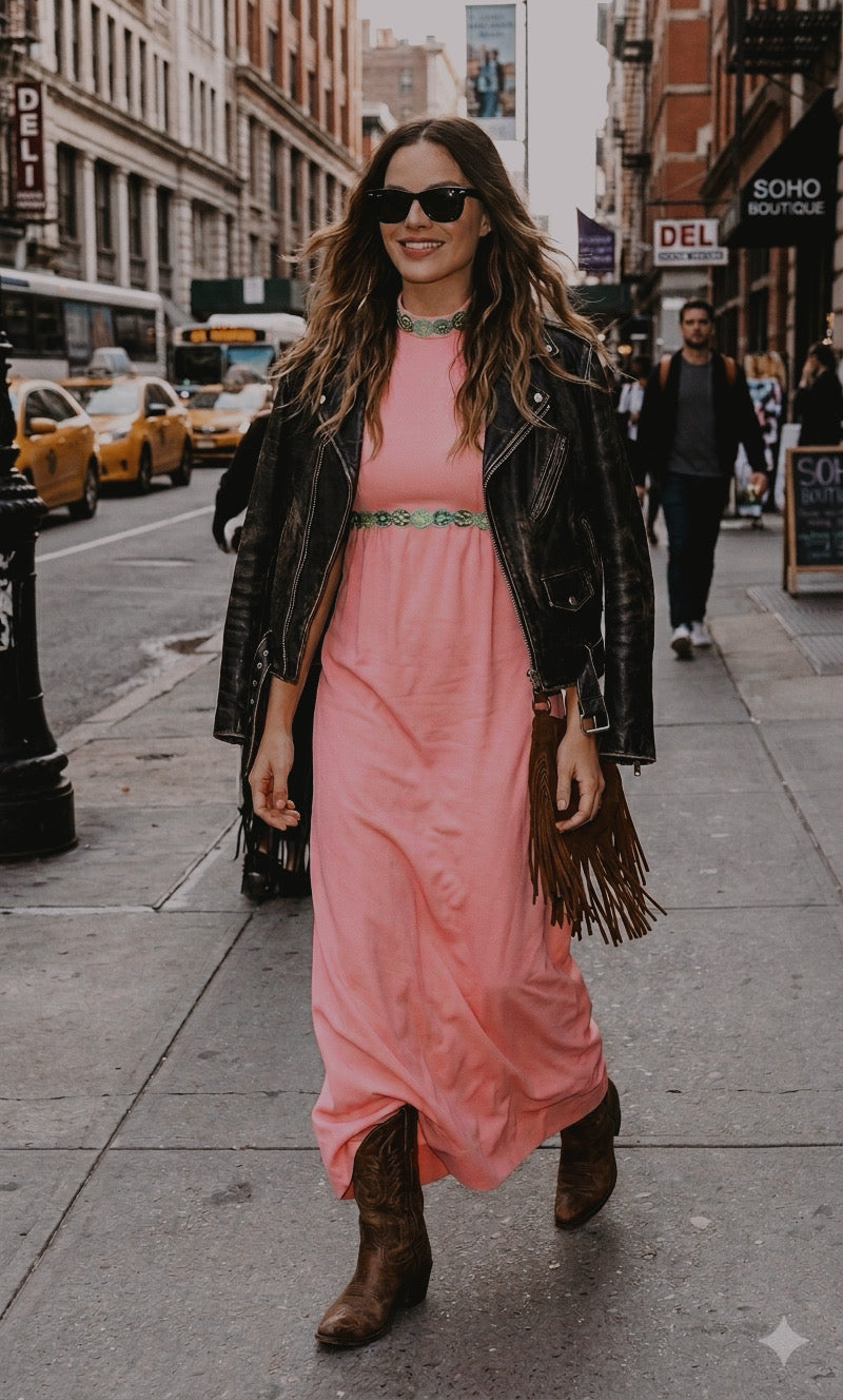 Vintage Coral Mod Maxi Dress with Green Embroidery Trim