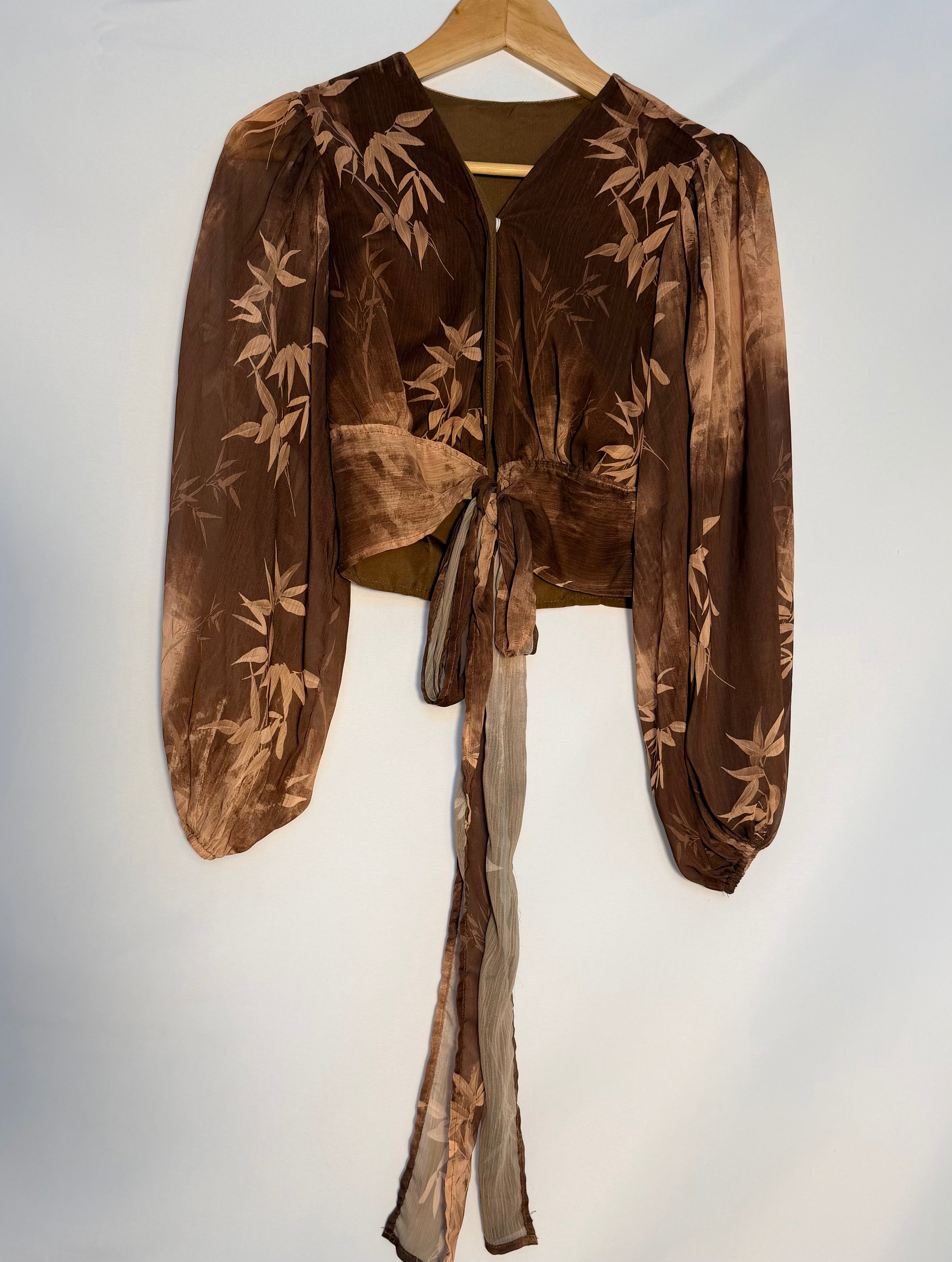 Vintage Sheer Tie-Front Boho Blouse – Chocolate Brown – Small