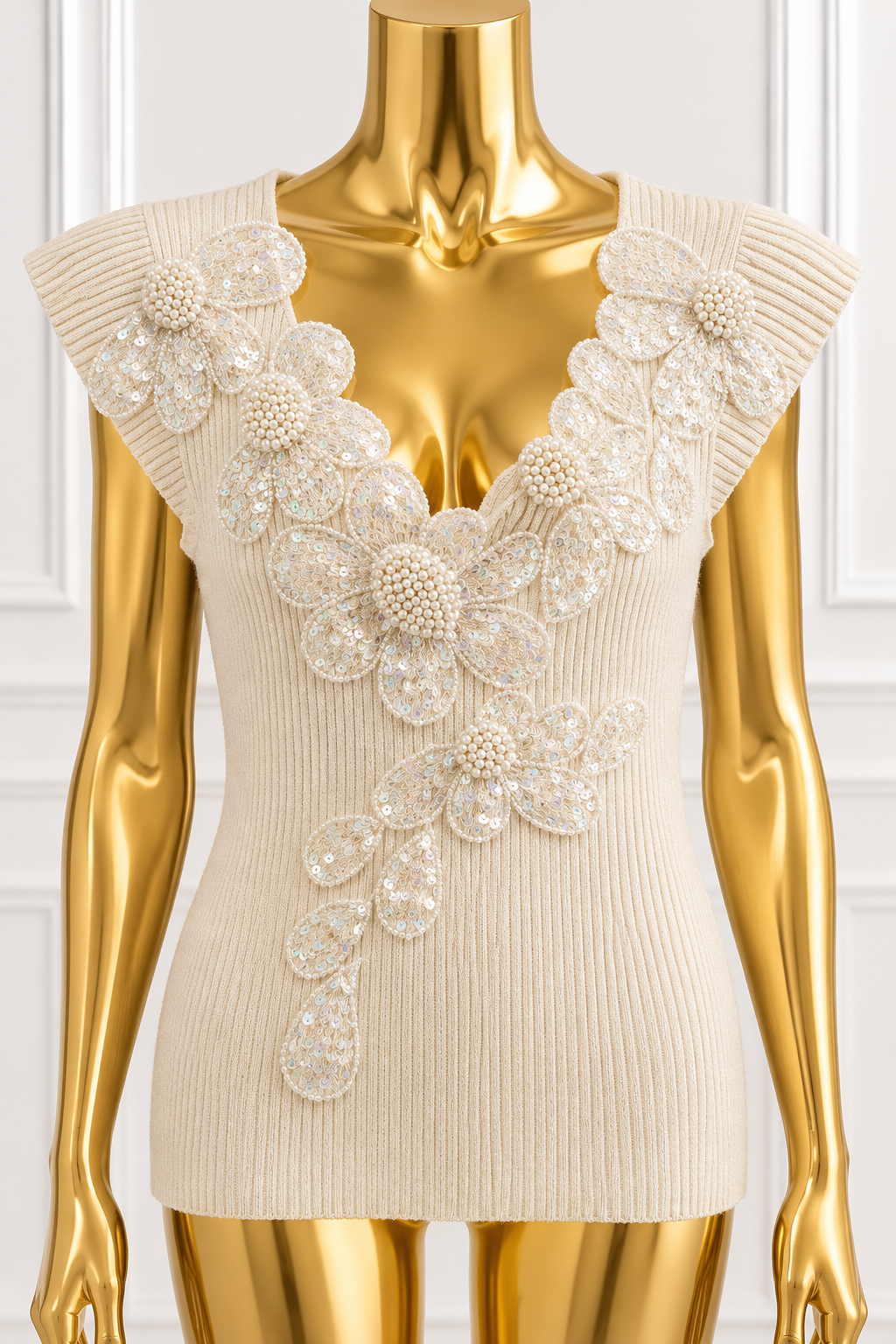 Mariella Burani Ivory Pearl & Sequin Floral Knit Top