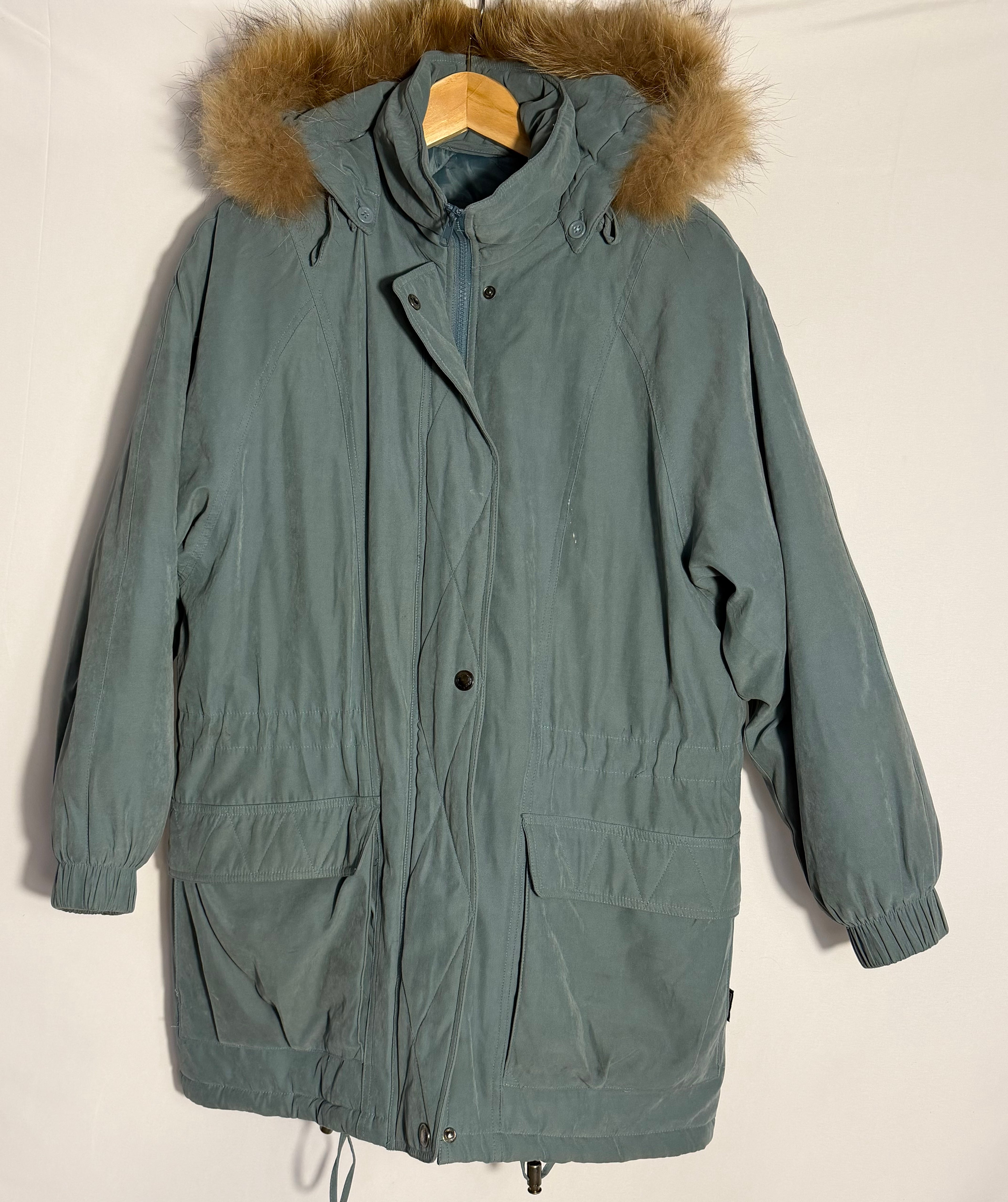 Vintage London Fog Hooded Parka with Fur Trim – Teal Blue