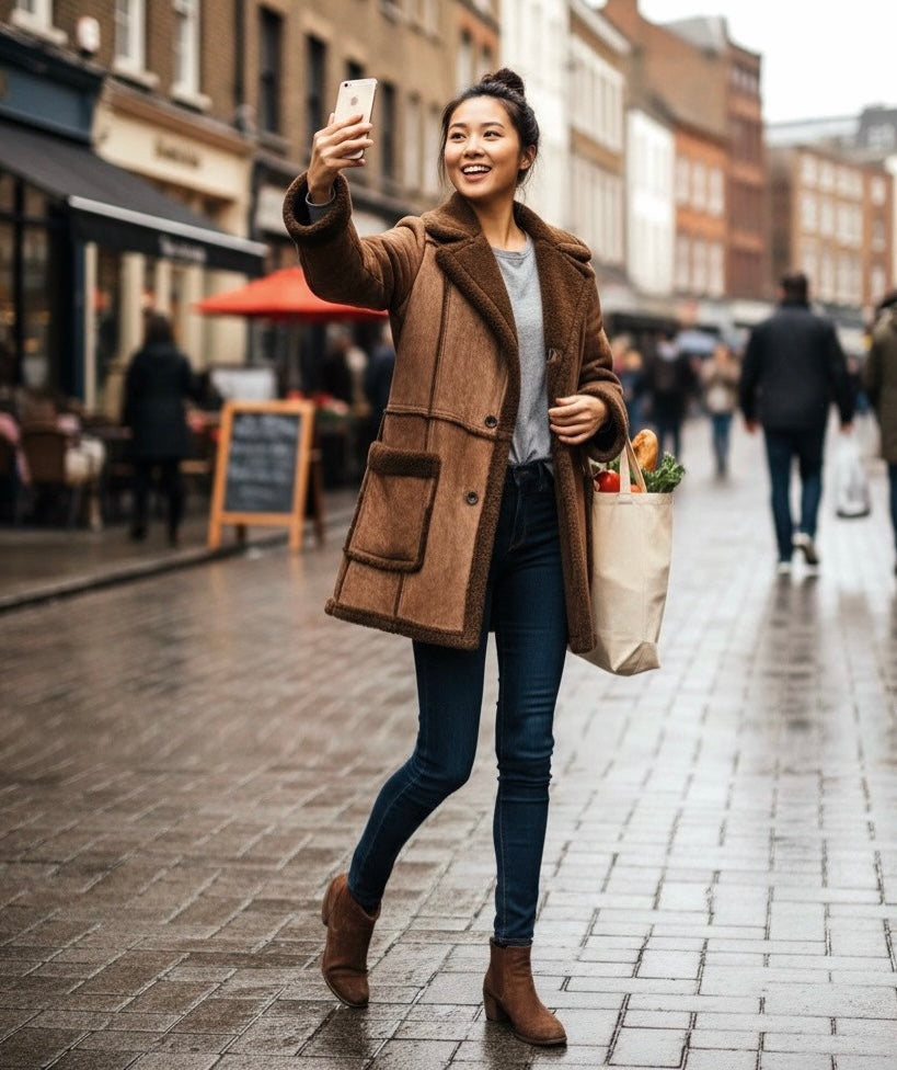 Vintage Shearling-Style Patchwork Coat – Brown – Oversized Fit