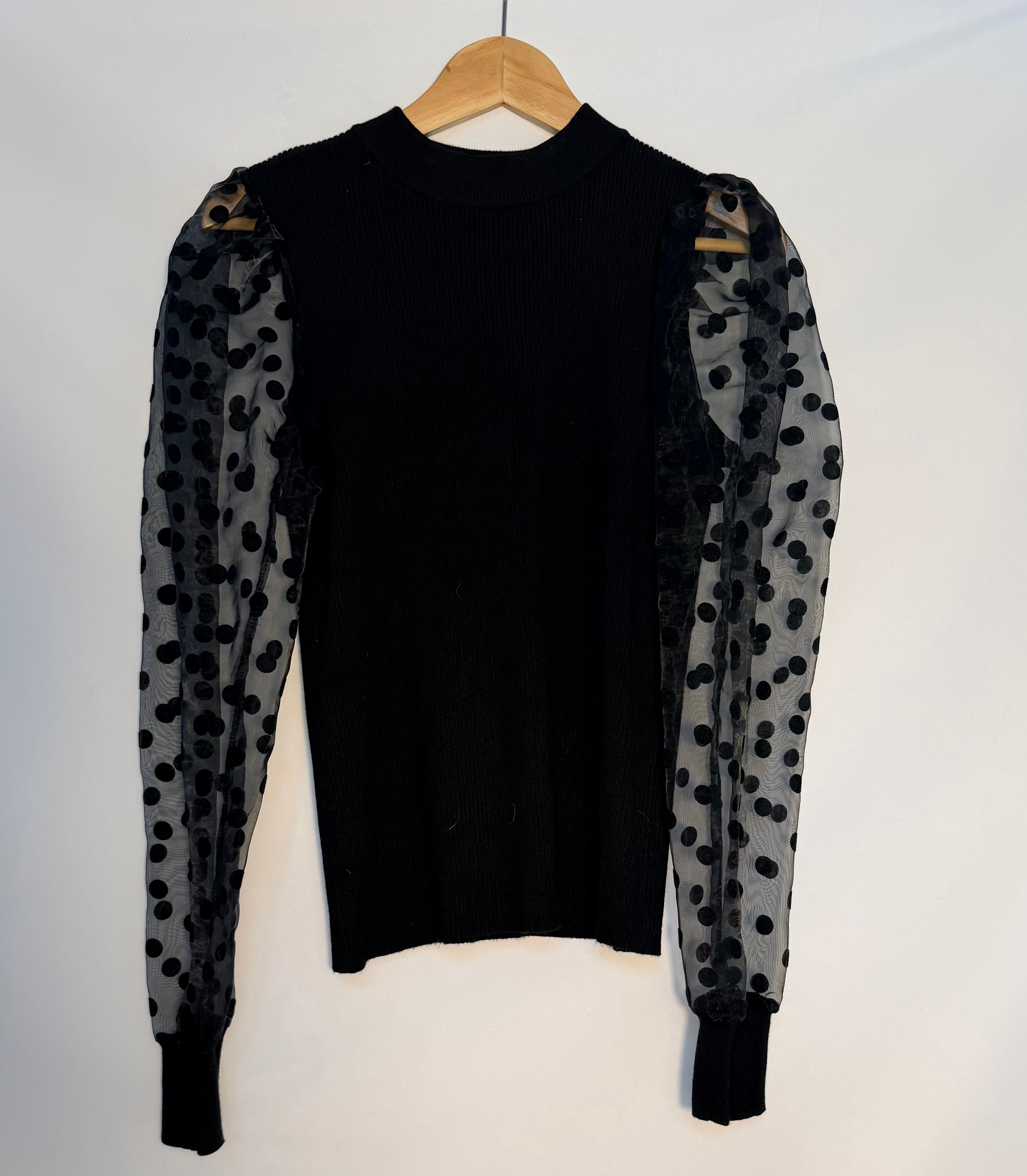 Black Knit Top with Sheer Polka Dot Sleeves