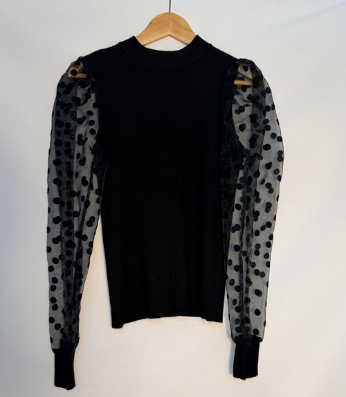 Black Knit Top with Sheer Polka Dot Sleeves