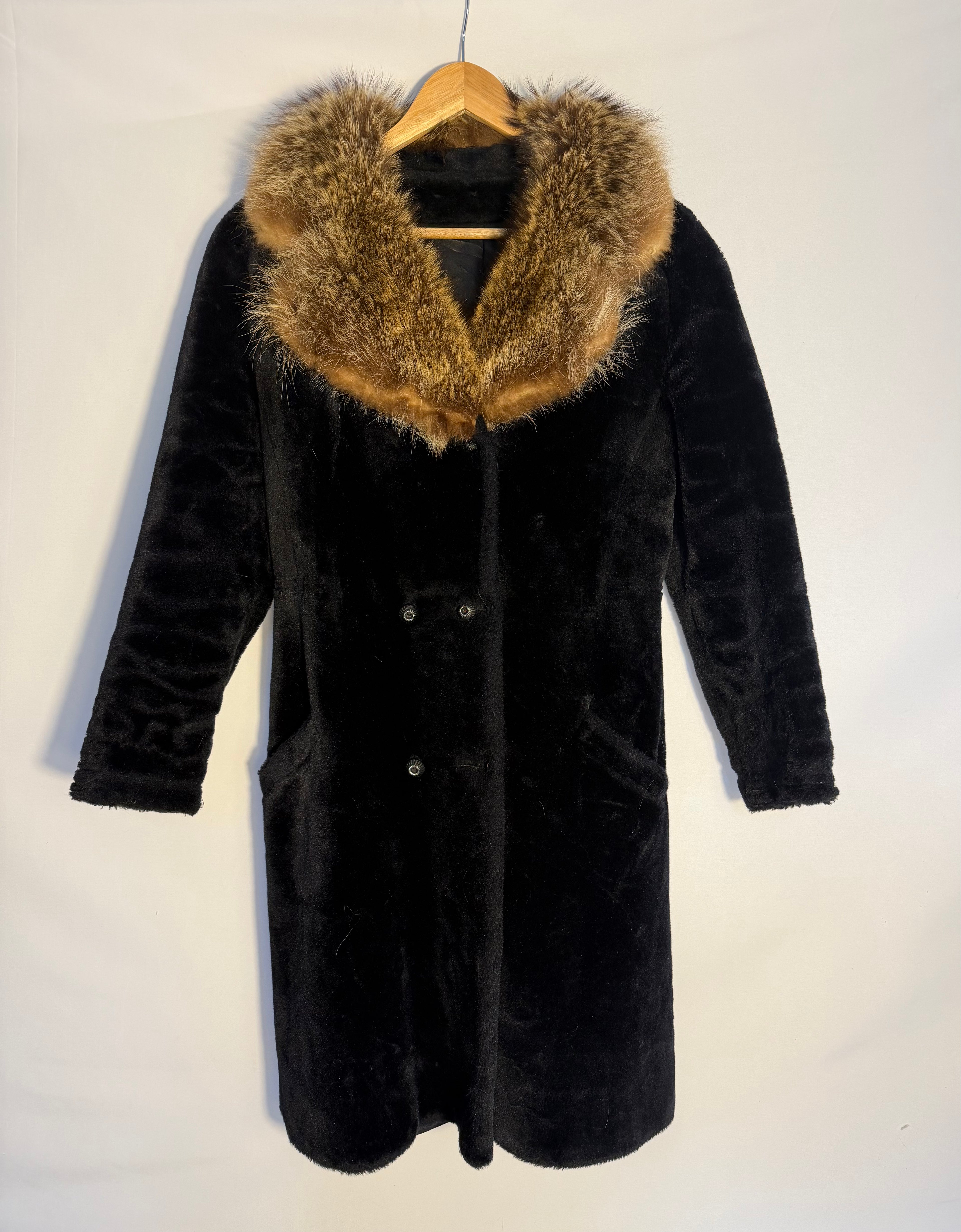Vintage Borg Royal Black Faux-Fur Coat with Real Fur Collar