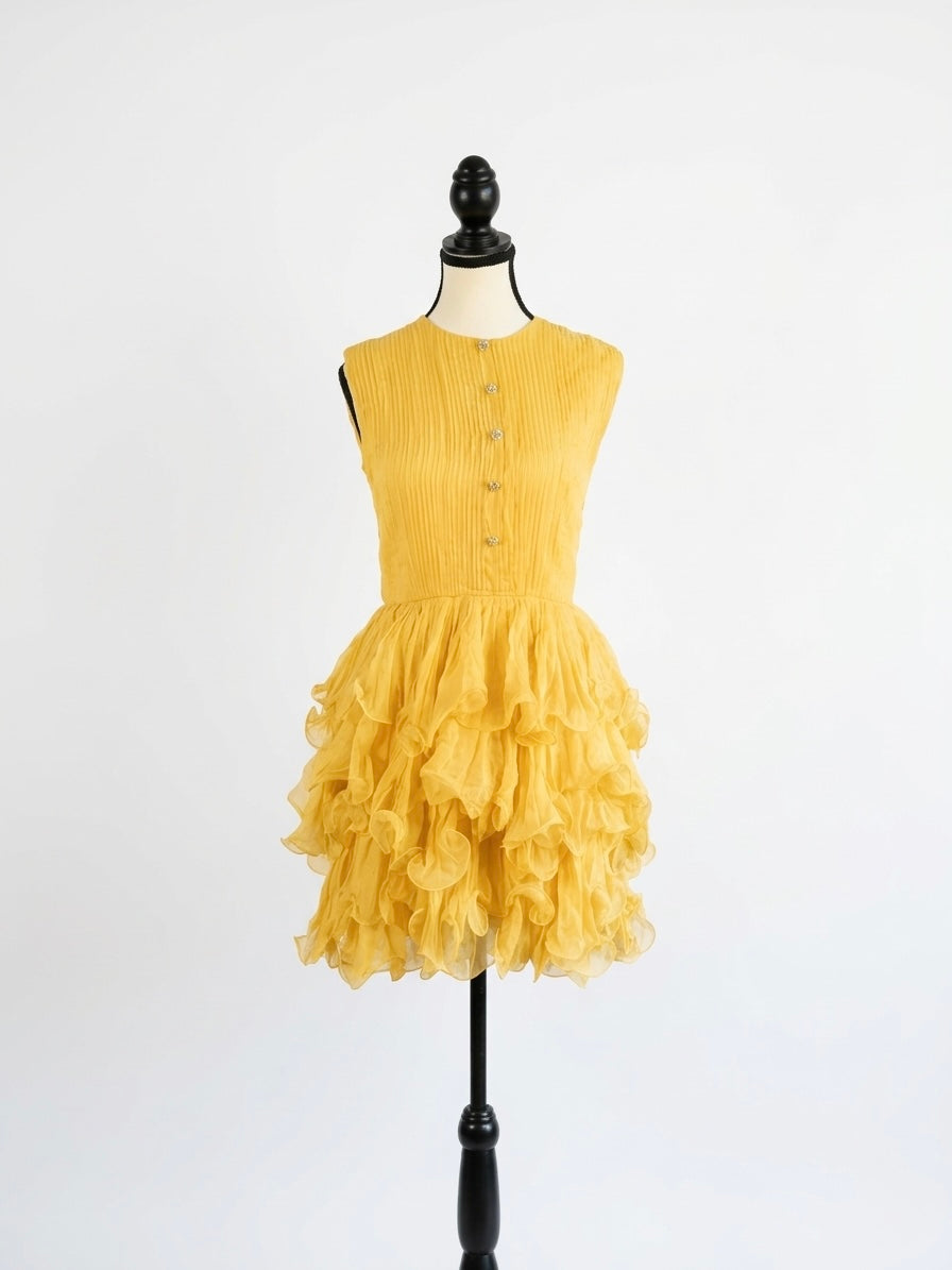 Vintage Lemon Chiffon Ruffle Dress
