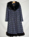 Vintage Wool Blend Coat with Faux Fur Trim – Blue/Black Pattern