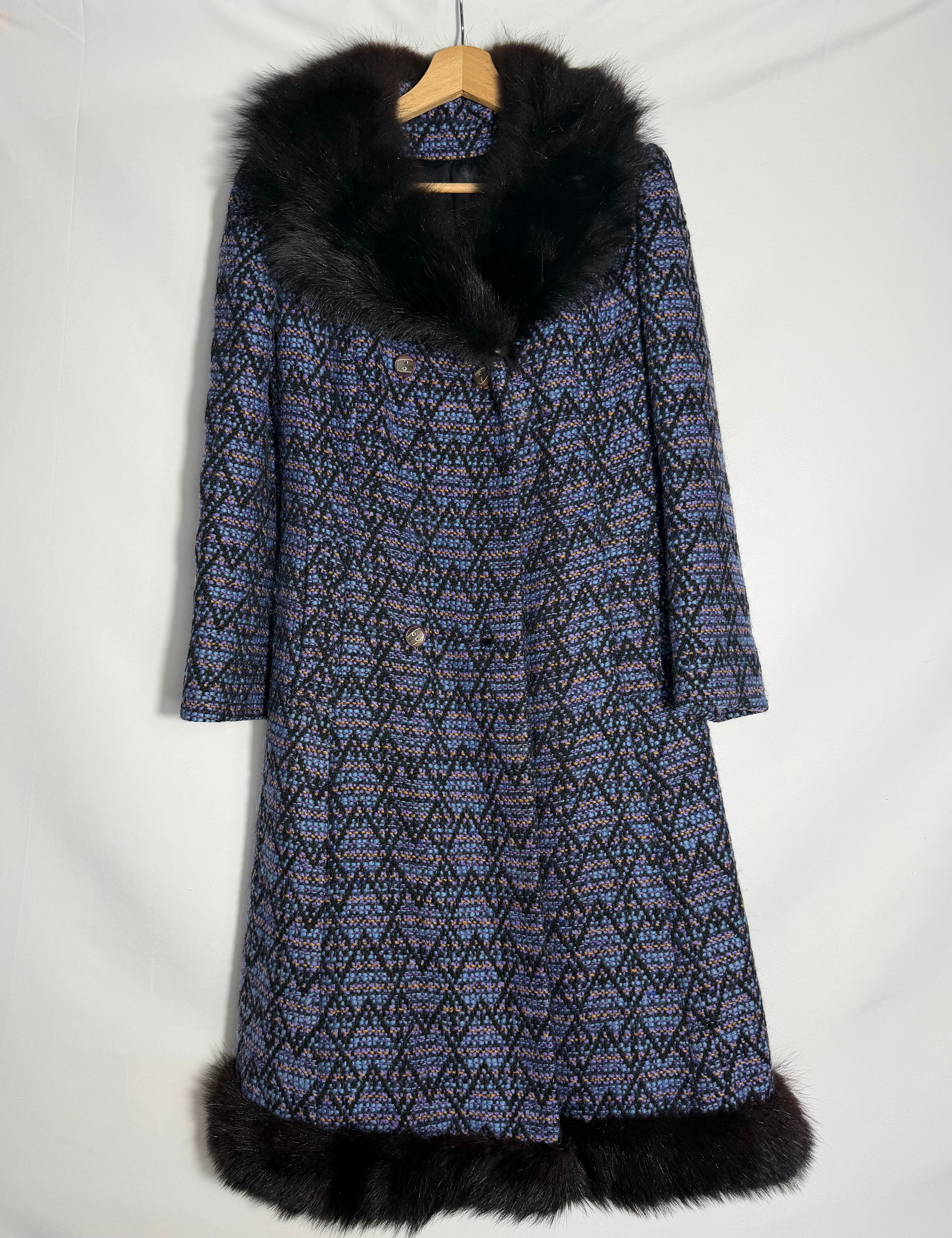 Vintage Wool Blend Coat with Faux Fur Trim – Blue/Black Pattern