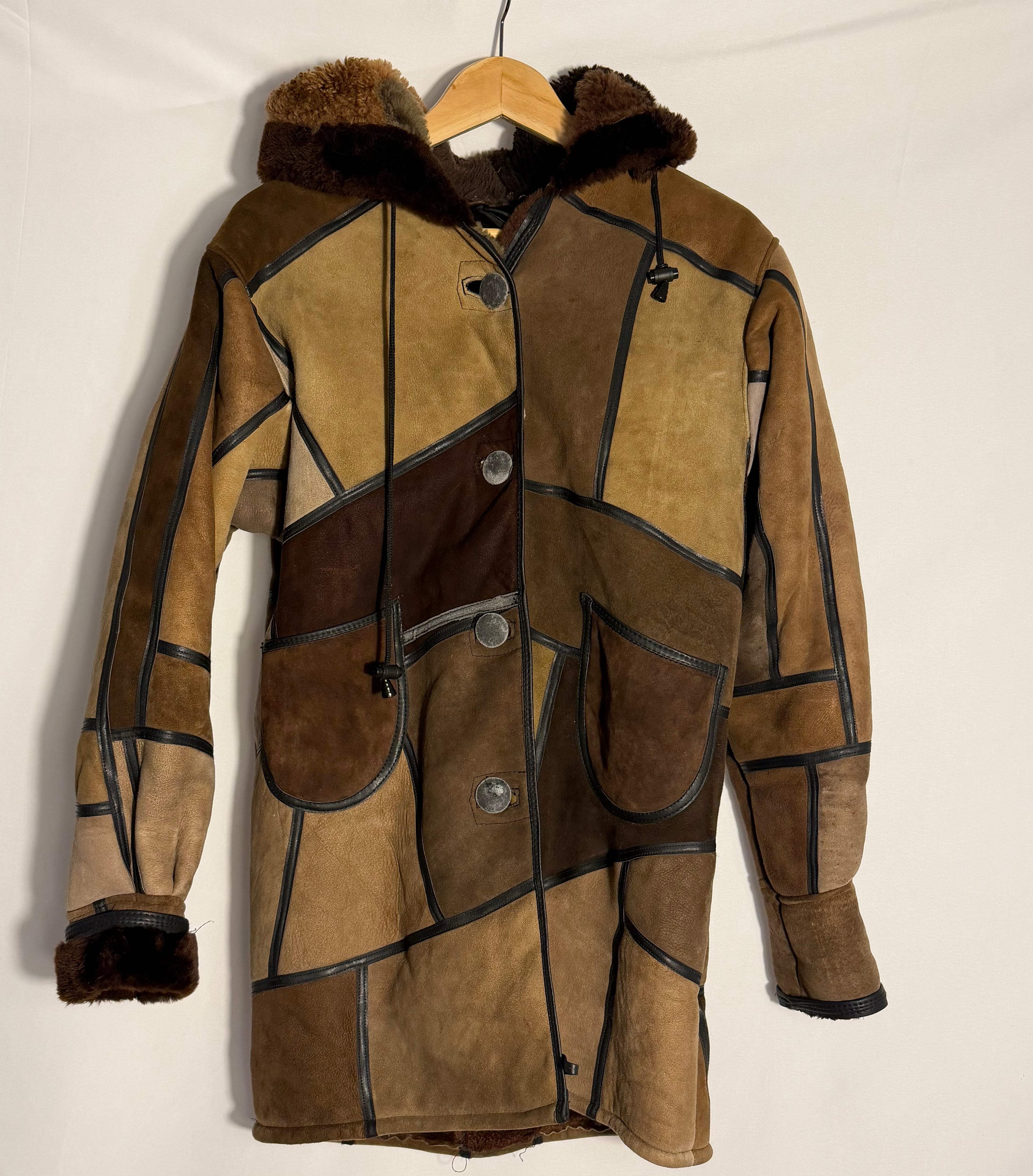Vintage Patchwork Shearling-Style Coat – Brown Multi